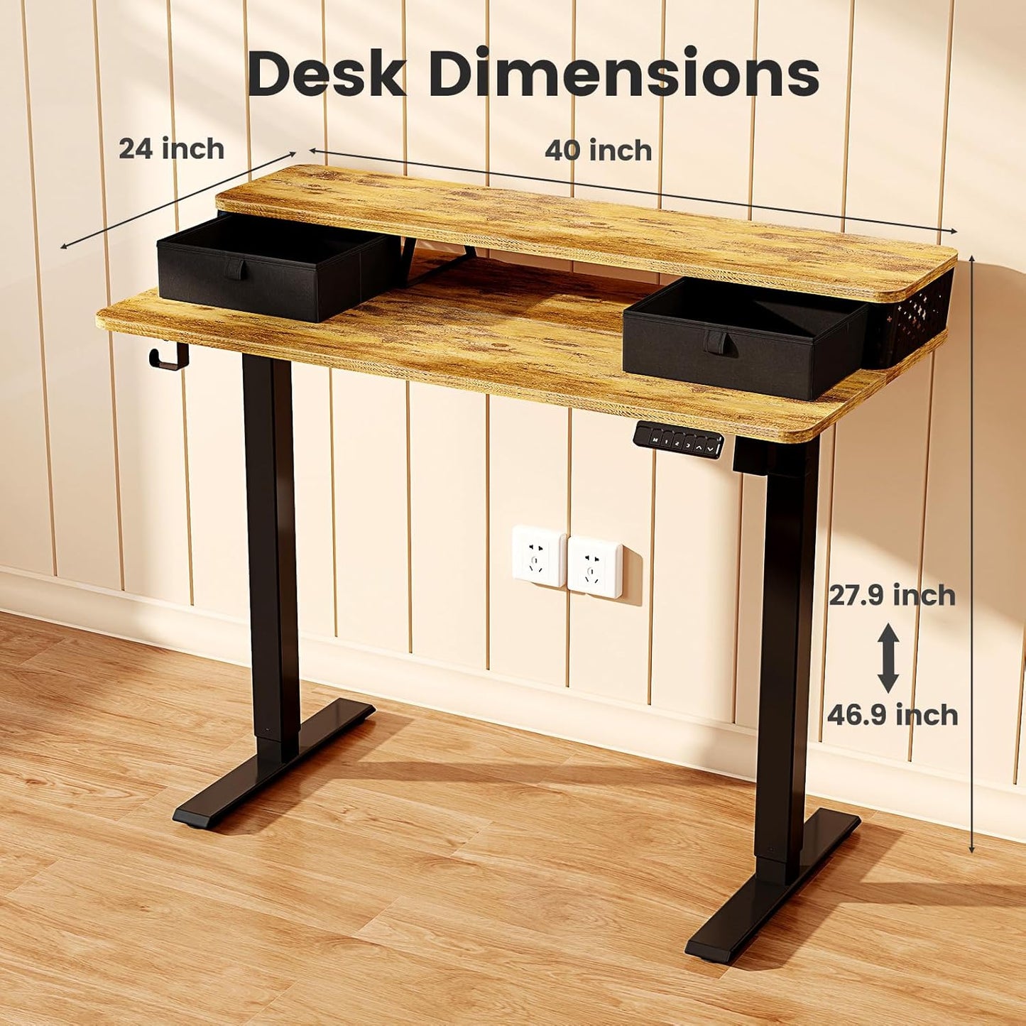Small Standing Desk With Drawers and Brushless Motor,Electric Sit Stand Desk for Walking Pad,Ergonomic Stand Up Desk for Home Office & Gaming,3 Memory Height Preset & Hooks(40" x 24", Rustic Brown）