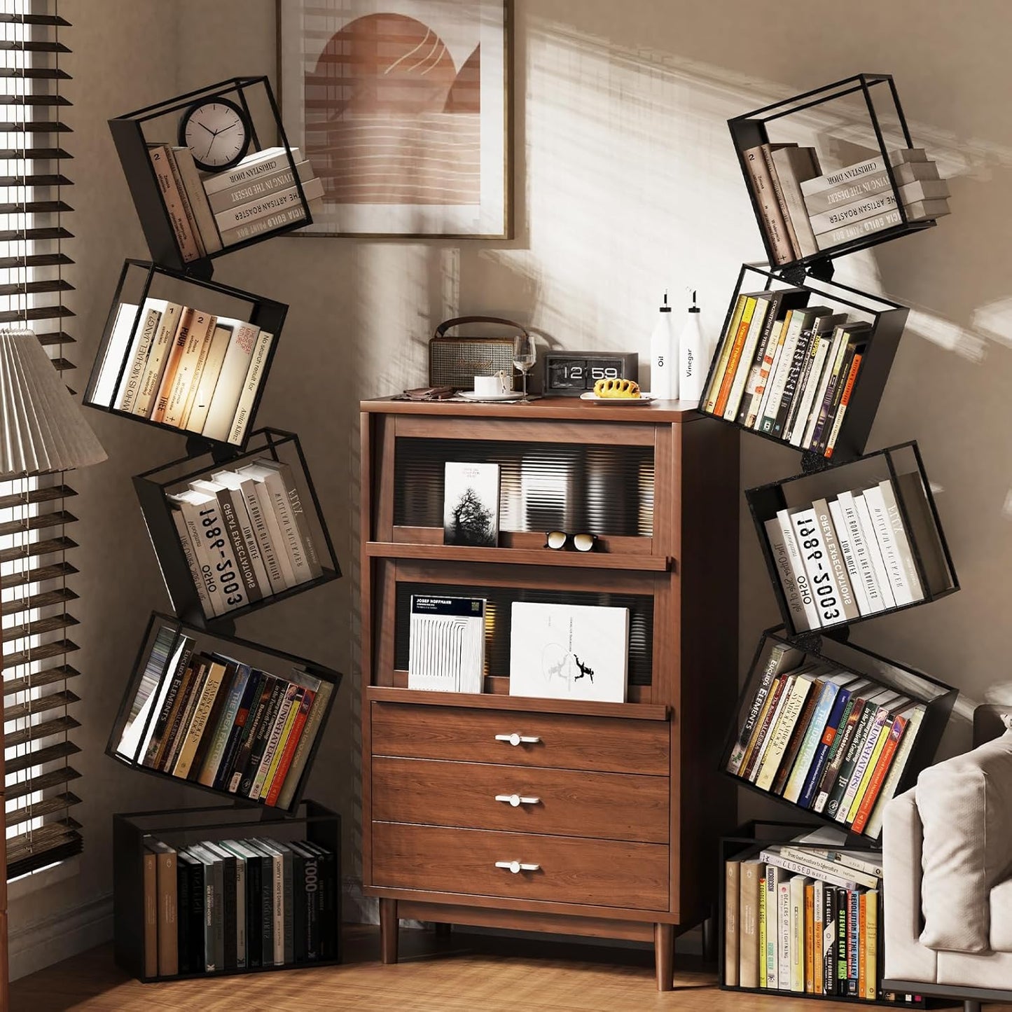 5-Tier Metal Geometric Bookshelf – Modern Narrow Floor Bookcase, Space-Saving Organizer for Living Room, Bedroom, Office, Corner – Black