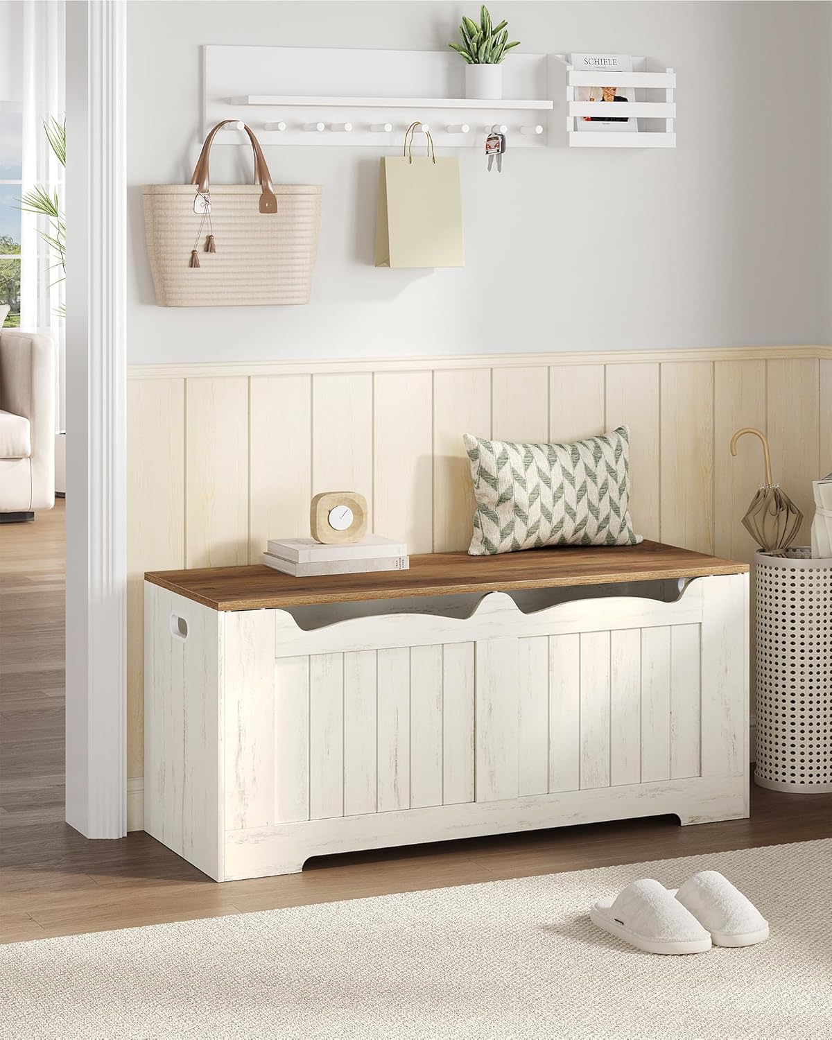 43.3" Storage Chest, Extra Large Storage Bench Trunk with 2 Safety Hinges, Wooden Box, Lift-Top Chest Organizer, Shoe Bench for Entryway, Bedroom, Living Room, White and Brown SB25514X