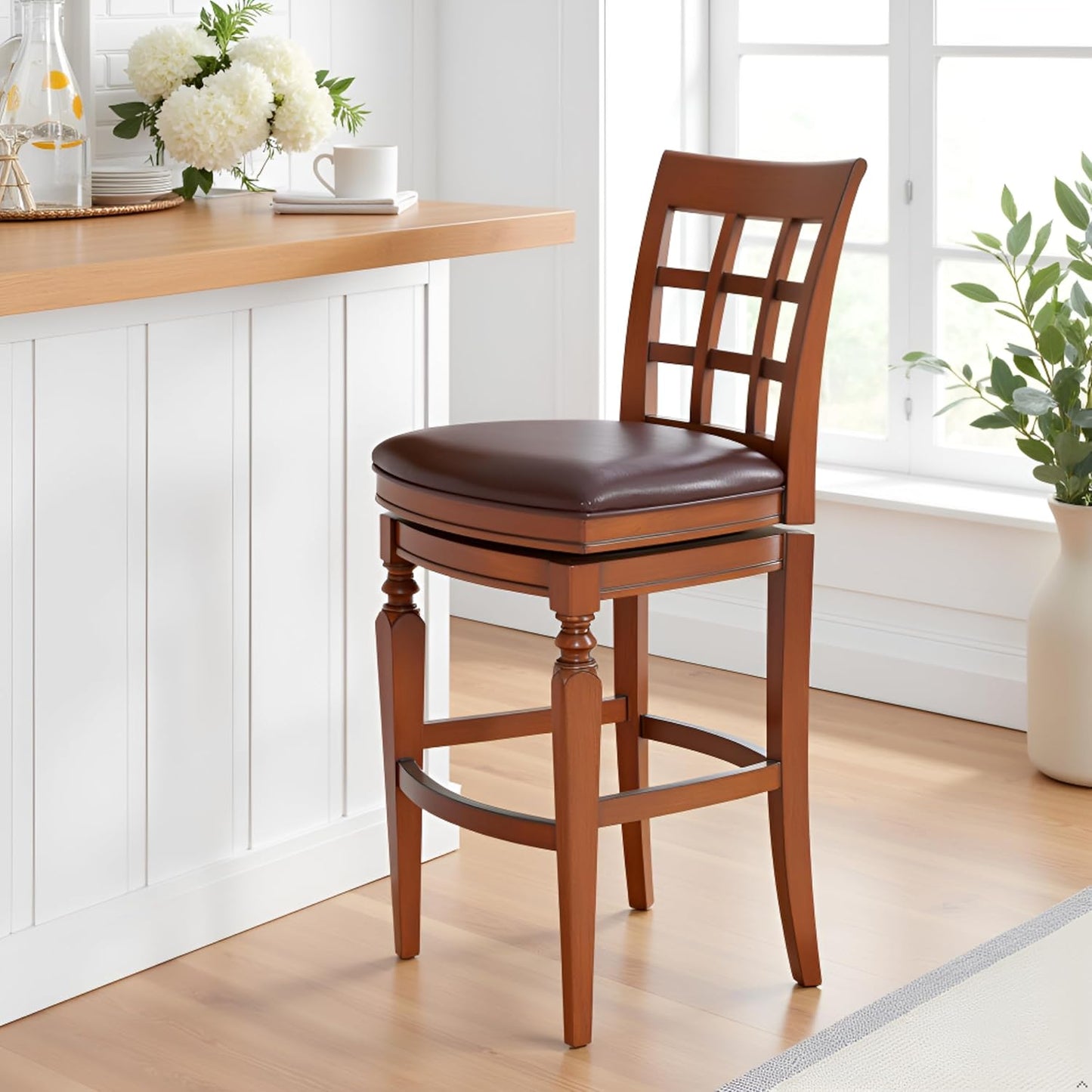 Alaterre Furniture Napa Bar Height Swivel Stool with Back – Faux Leather Upholstered Seat Barstool with Memory Return, Turned Wood Legs, Lattice Back Design, and Metal Kick Plate for Kitchen Islands