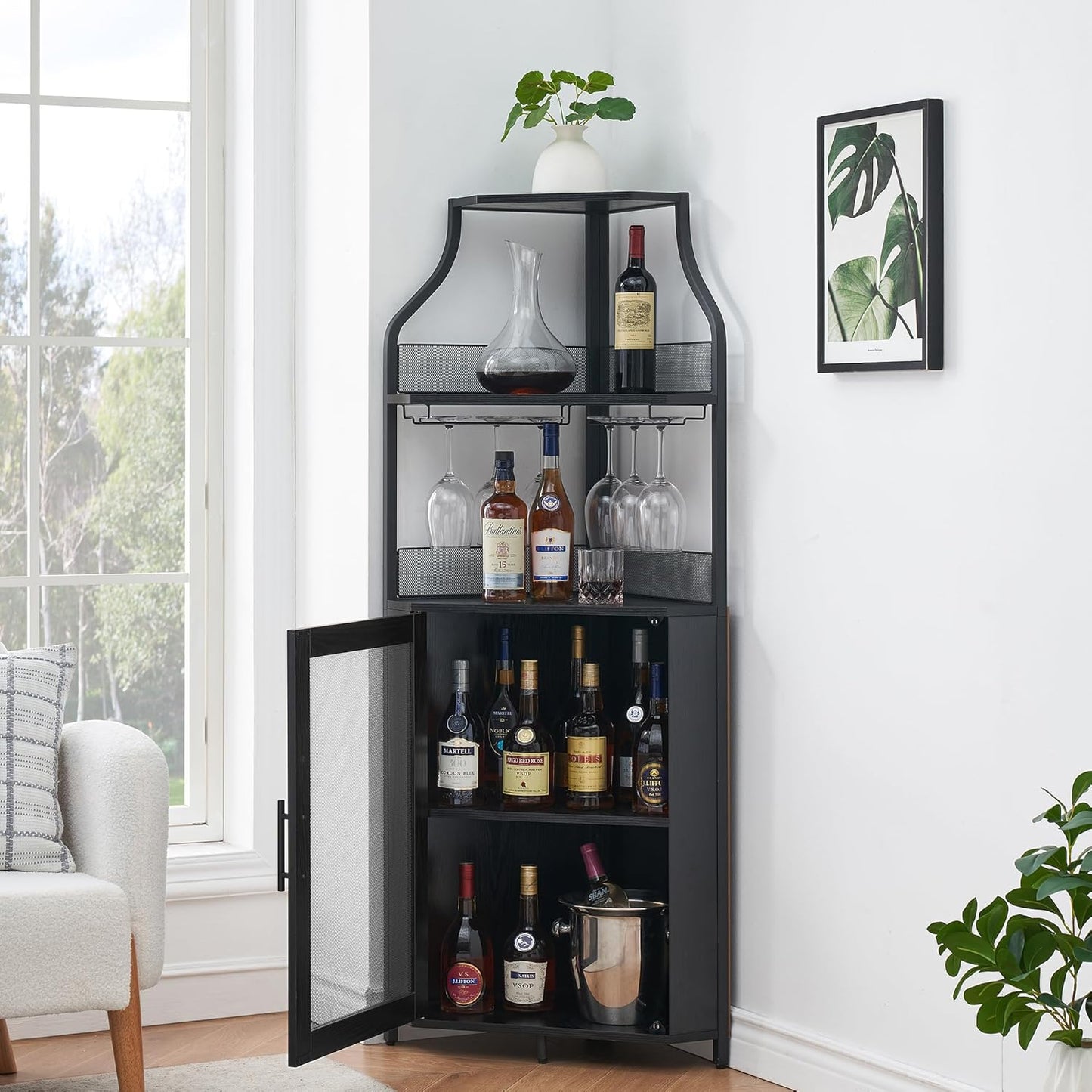 GarveeHome Corner Wine Cabinet with Detachable Wine Rack, 5-Tier Industrial Corner Bar Cabinet with Barn Door and Glass Holder, Farmhouse Buffet Cabinet and Home Bar, Black