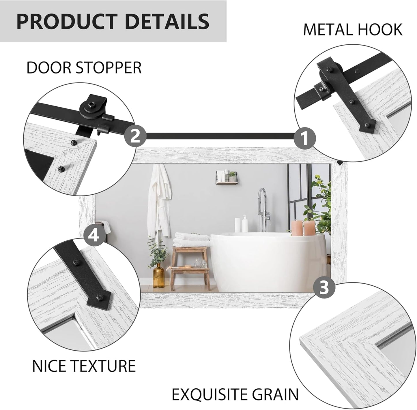 Farmhouse Mirror 42”x28” White Rustic Mirror for Wall Vanity Mirrors Barn Door Style Decor Bathroom Living Room Entryway Bedroom Mirrors