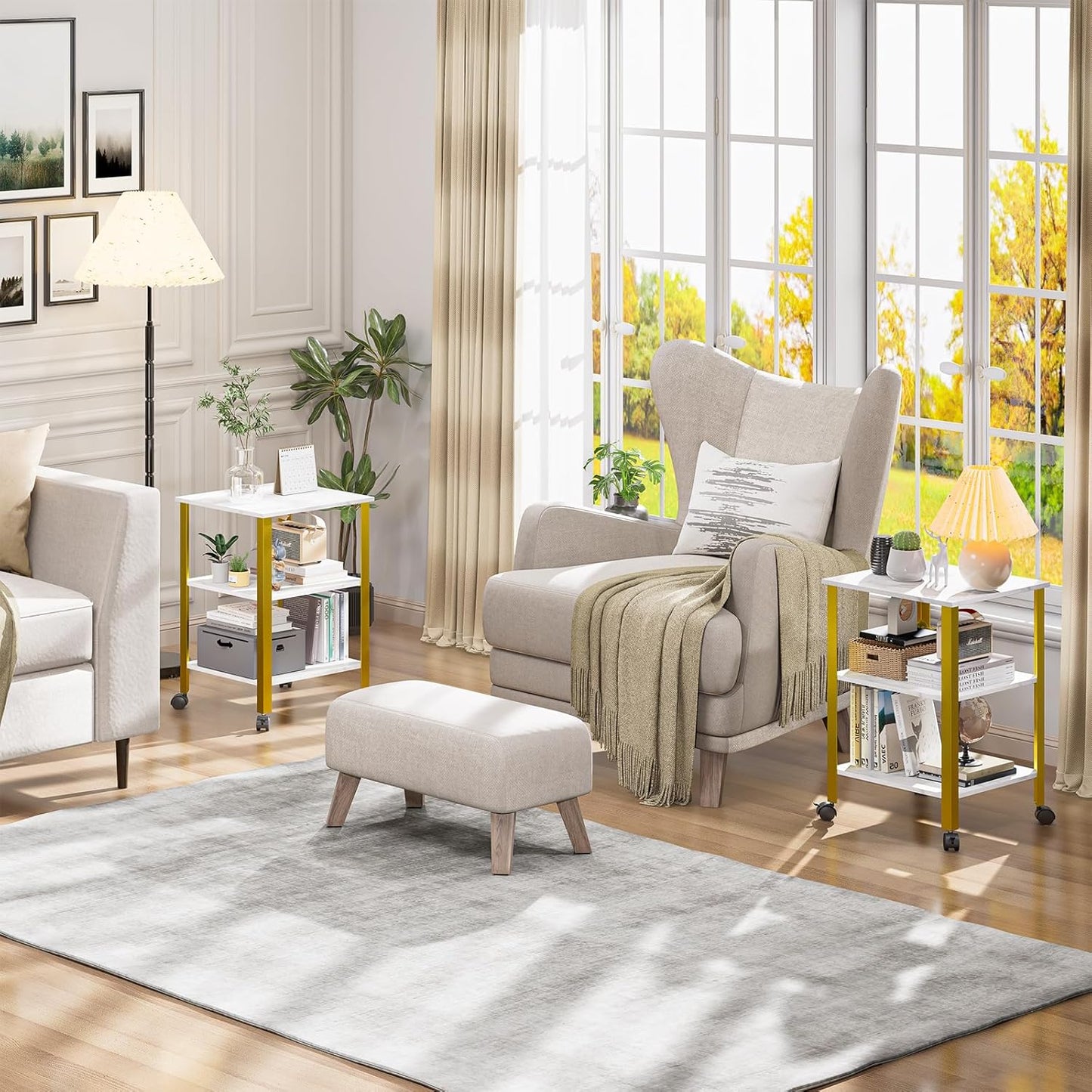 Side Table, End Table with Wheels, Printer Stand with 3-Tier Storage, Bedside Table,Telephone Table,Square Small Side Table for Living Room, Bedroom, Office, Kitchen, Metal Frame, Easy Assembly -White