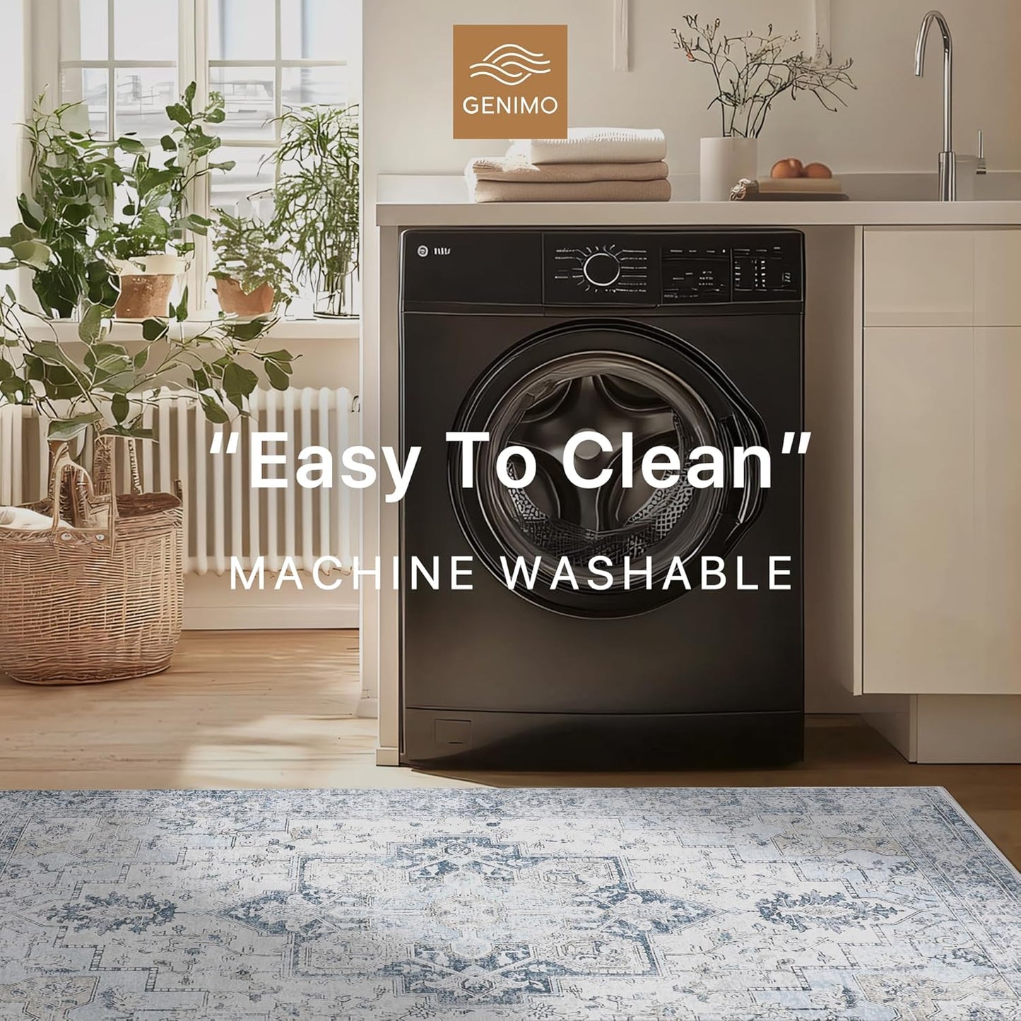 GENIMO 10x14 Area Rugs for Living Room, Machine Washable Rug, Non Slip Vintage Rugs, Low Pile Lightweight Chenille Print Rug for Bedroom, Dining Room, Home Office, Blue