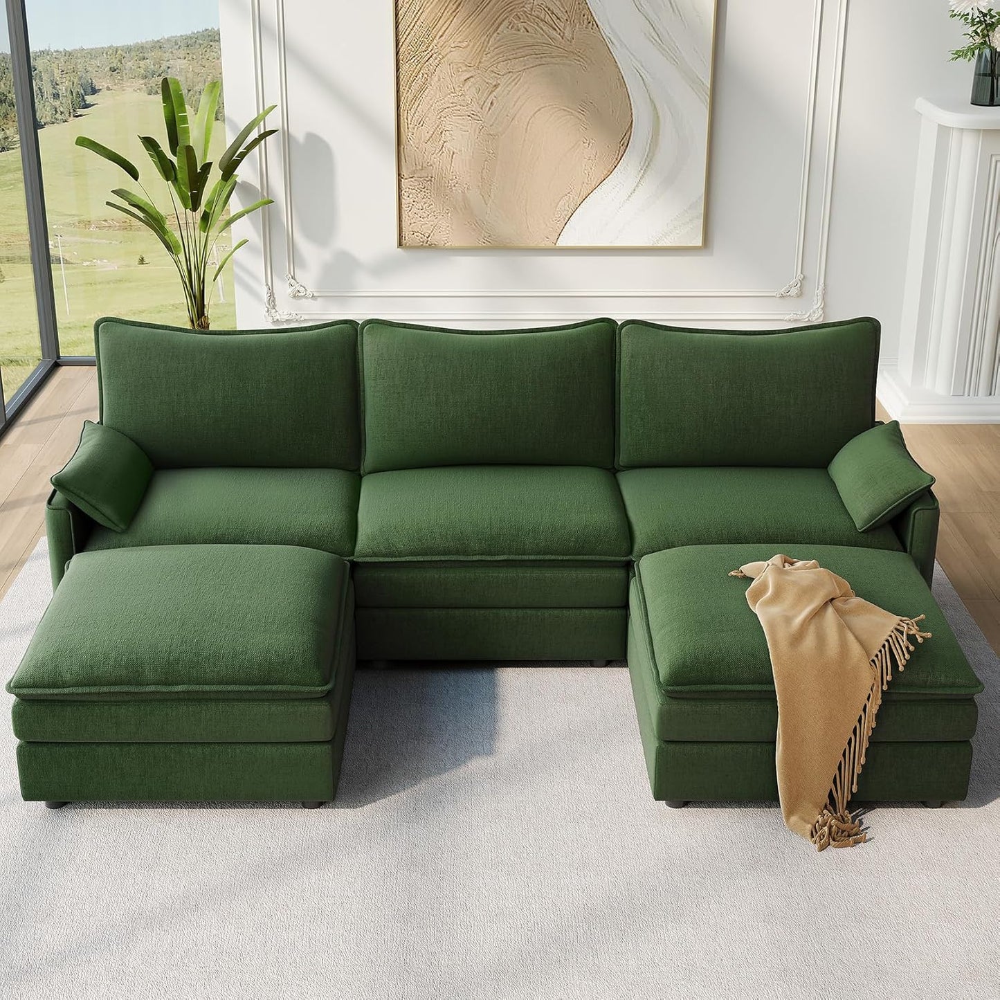 Vesgantti 108" U Shaped Sectional Couch, Comfy Cloud Modular Sectional Sofa with 2 Ottoman Deep Seat Chenille Modern Cloud Sofa, Modular Sofas for Living Room, Bedroom and Apartment, Green