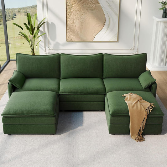 Vesgantti 108" U Shaped Sectional Couch, Comfy Cloud Modular Sectional Sofa with 2 Ottoman Deep Seat Chenille Modern Cloud Sofa, Modular Sofas for Living Room, Bedroom and Apartment, Green