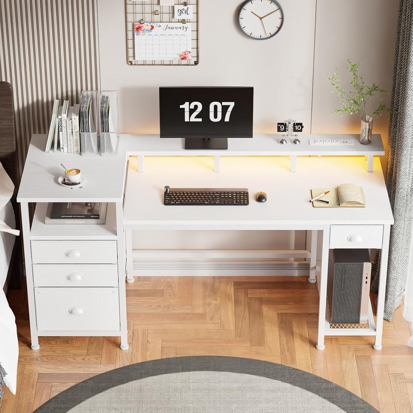 Furologee 60" White Office Computer Desk with 4 Drawers,Gaming Desk with LED Lights and Power Outlets,Long Desk with Fabric File Cabinet,Study Writing Work Table with Shelf for Bedroom Home Office