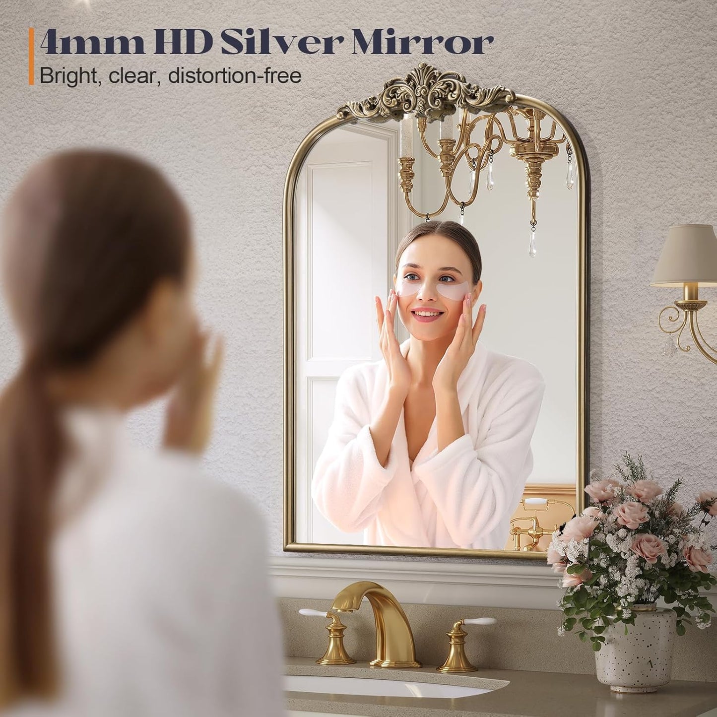 Antique Baroque Gold Mirror, 24” x 36” Vintage Vanity Mirror for Fireplace Mantel, Arch Bathroom Mirror for Wall with Ornate Metal Frame for Entryway Bedroom Living Room