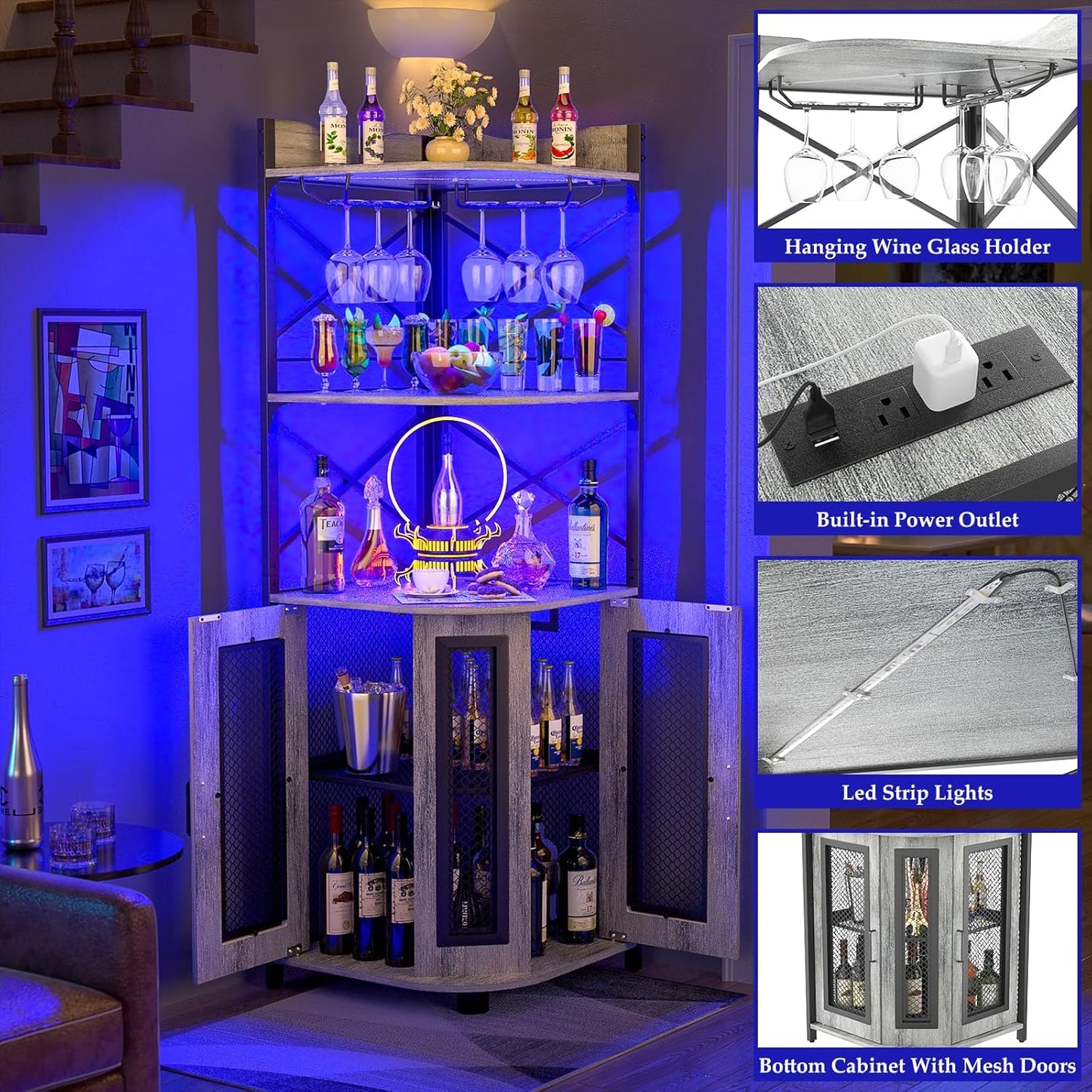 Aheaplus Corner Bar Cabinet with Power Outlet, Industrial Wine Cabinet with LED Strip and Glass Holder, 5-Tiers Liquor Cabinet Bar Unit for Home, Corner Display Cabinet for Small Space, White Oak