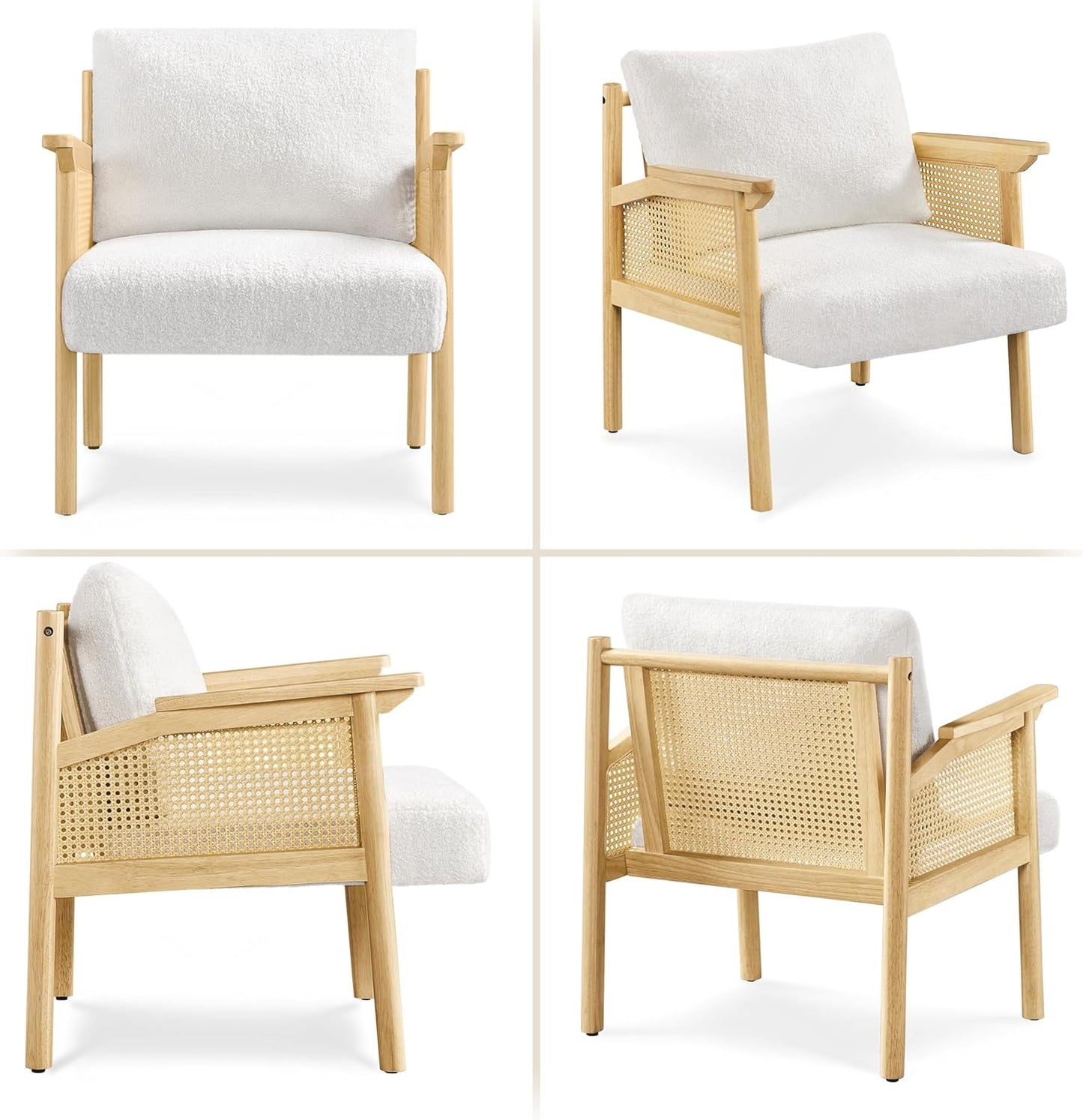 Yaheetech Accent Boucle Vanity Chair with Rattan Back Arms, Mid Century Upholstered Living Room Lounge Chair Bedroom Balcony White 2 PCS