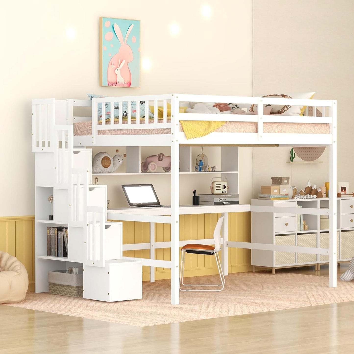 HomSof Full Size Loft Bed with Built-in Desk, Bookshelves and Storage Staircase,White