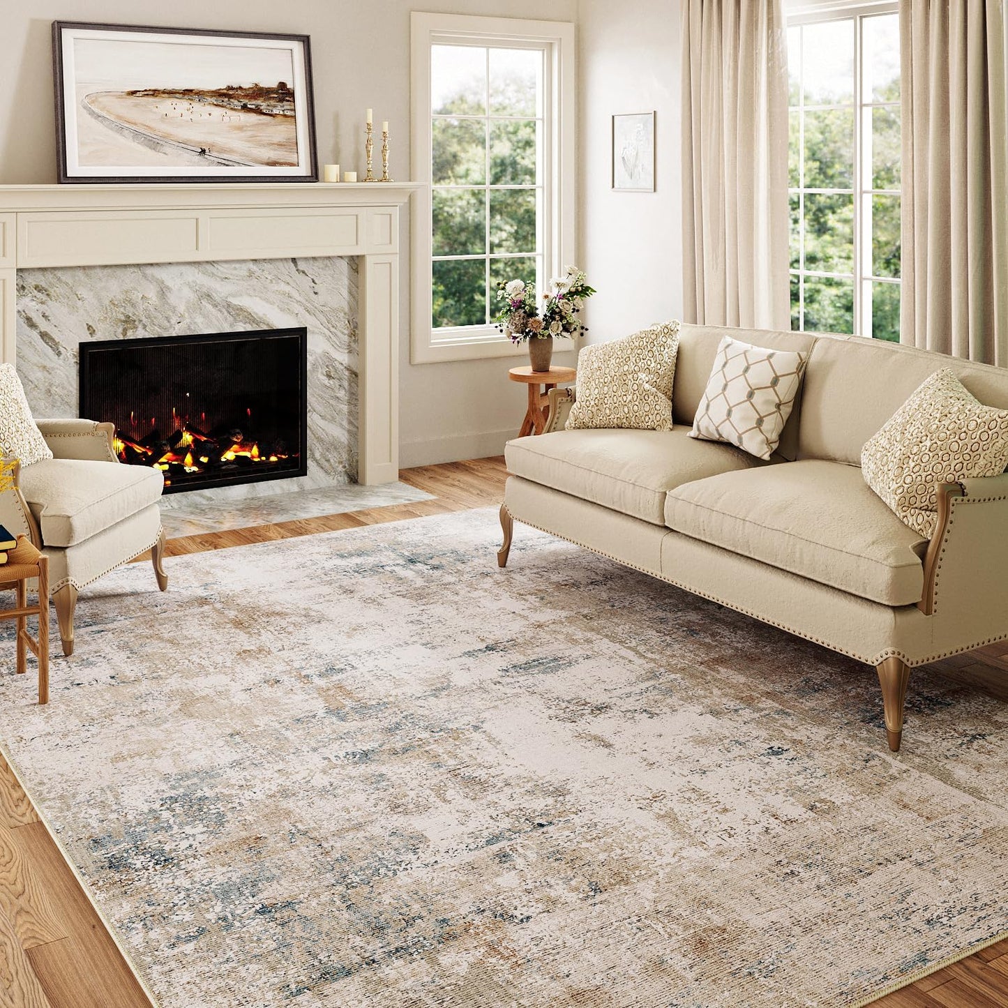 8x10 Washable Area Rug Beige Blue Neutral Abstract Living Room Bedroom Large Throw Rug Non Slip Soft Low Pile Indoor Floor Carpet for Dining Room Kitchen Office Entryway