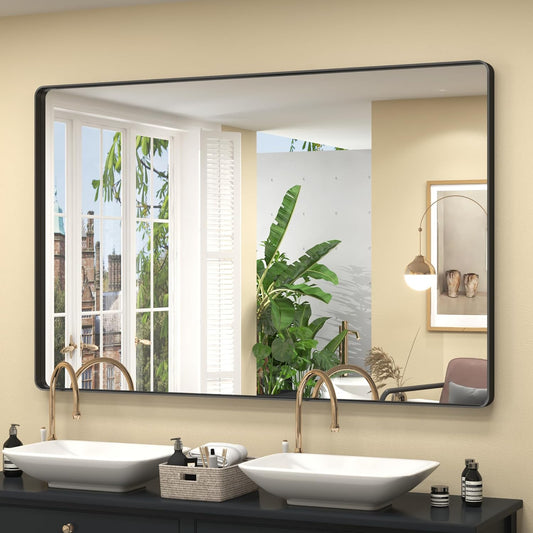 60x40 Inch Black Matte Framed Bathroom Mirror for Wall, Rounded Corner Rectangle Vanity Mirror, Tempered Glass, Anti-Rust, Shatterproof (Horizontal/Vertical)