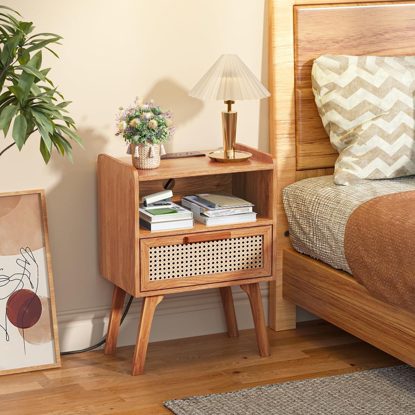 Lerliuo Rattan Nightstand with Charging Station, Side Table with Drawer, Cane Accent Bedside End Table with Solid Wood Legs, Night Stand for Bedroom, Dorm and Small Spaces (Tea Brown)