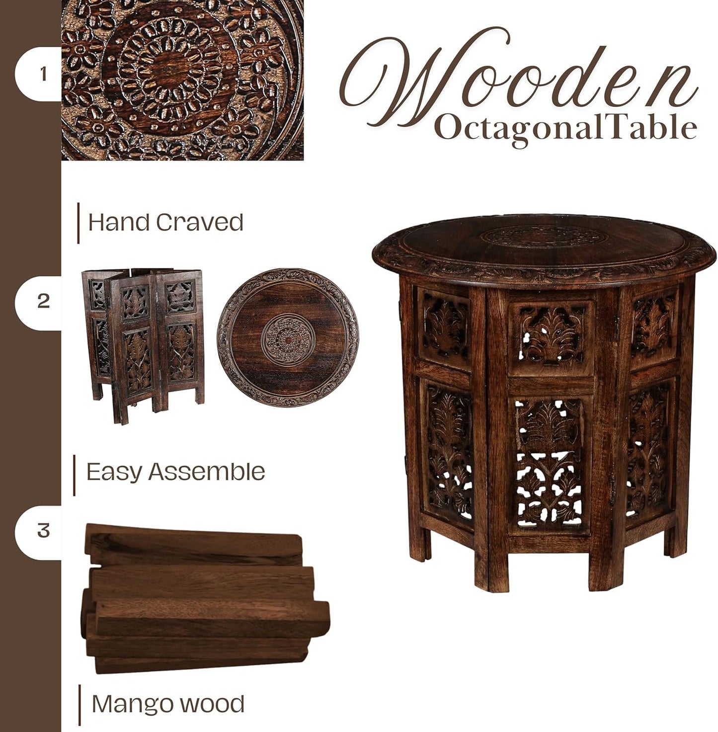 Round Wood Coffee Table - 18” Carved Small Accent Side Table with Burnt Finish, Wooden Altar Table, 18” Round Top x 18” Height, Perfect End Table for Living Room Décor