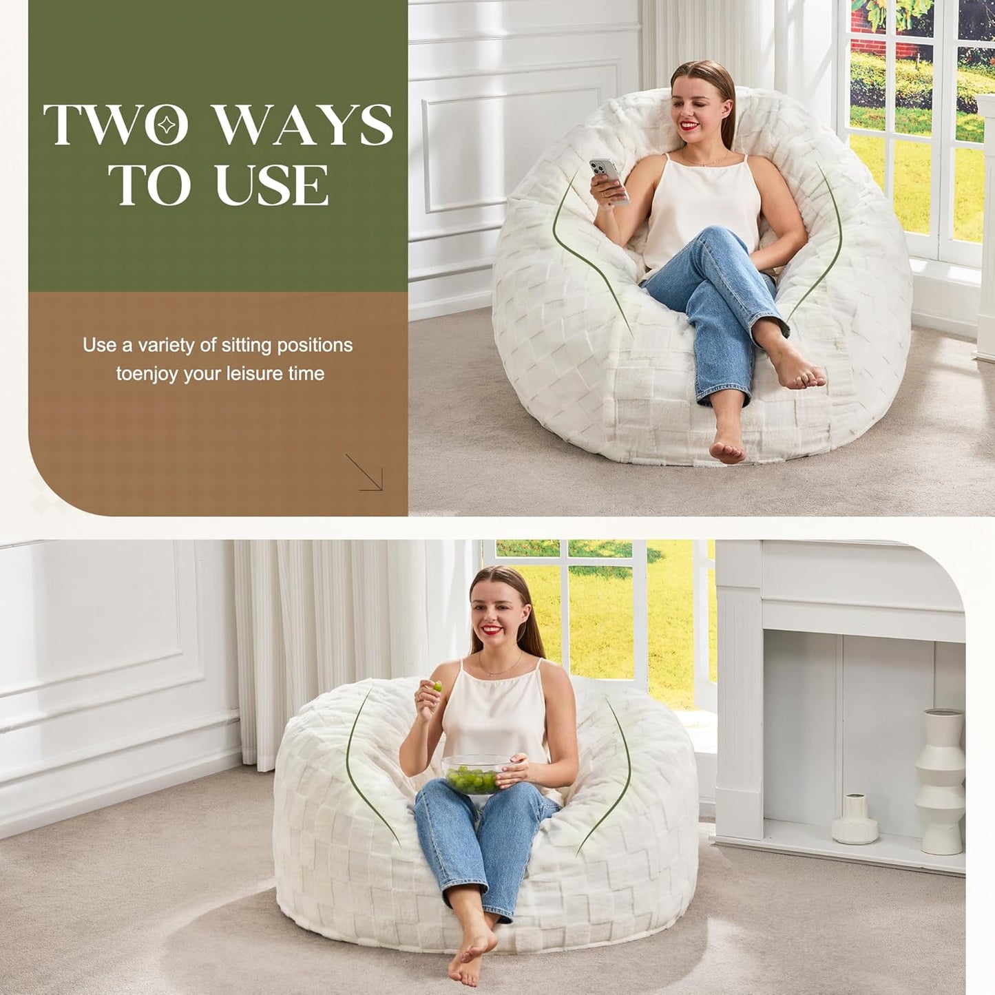 Hobestluk Bean Bag Chairs Beanbag Chair with Filler Adult Bean Bags with Fluffy Cover, Giant Bean Bag Chairs for Adults for Living Room, Bedroom (White, 4FT - 44” x 44” x 24”)