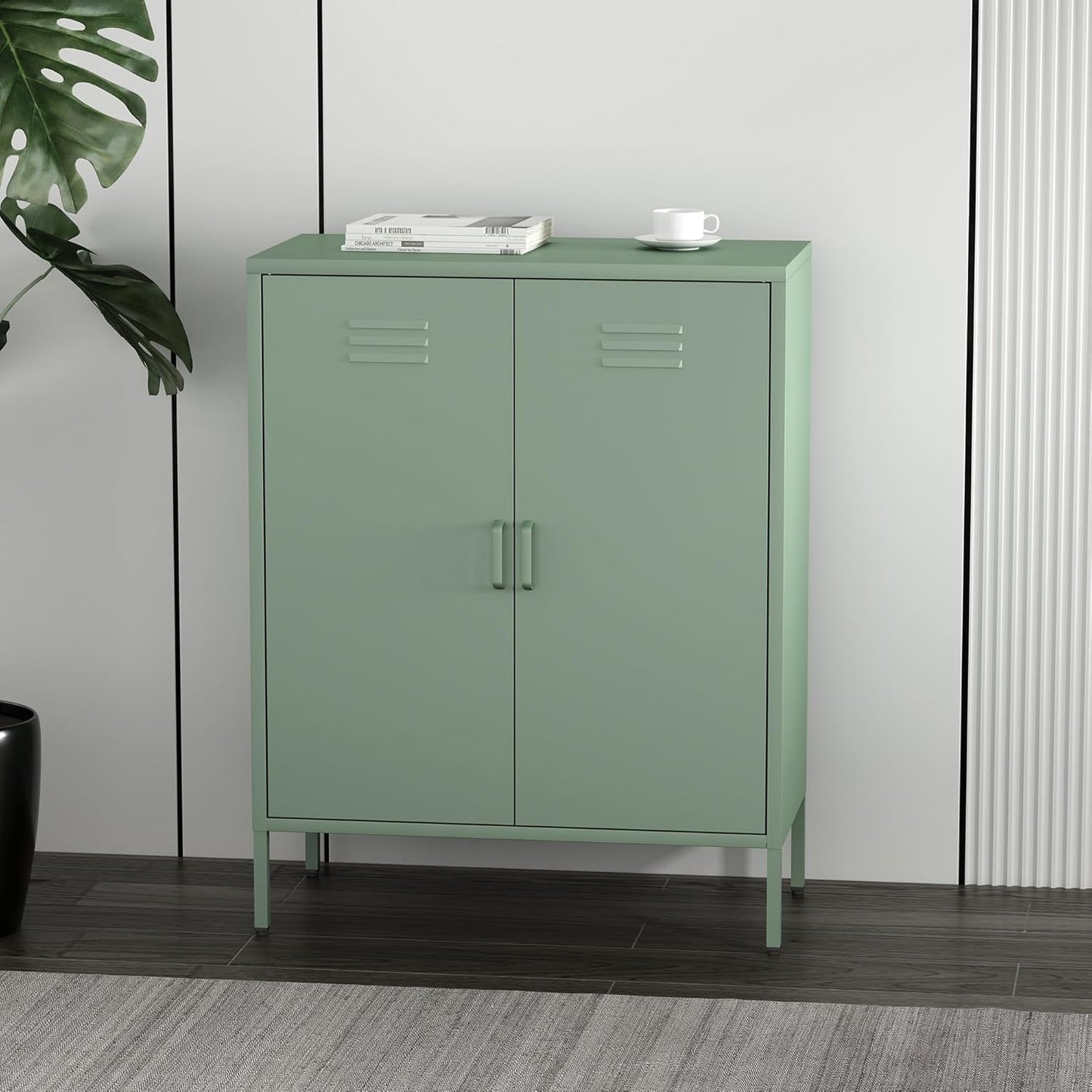 Manhattan Comfort Naomi Modern Metal Accent Cabinet, Minimalist Storage Cabinet with Doors & Adjustable Shelves, Vented Doors, Sturdy Steel Build, Versatile & Multi-Purpose Home Furniture, Green