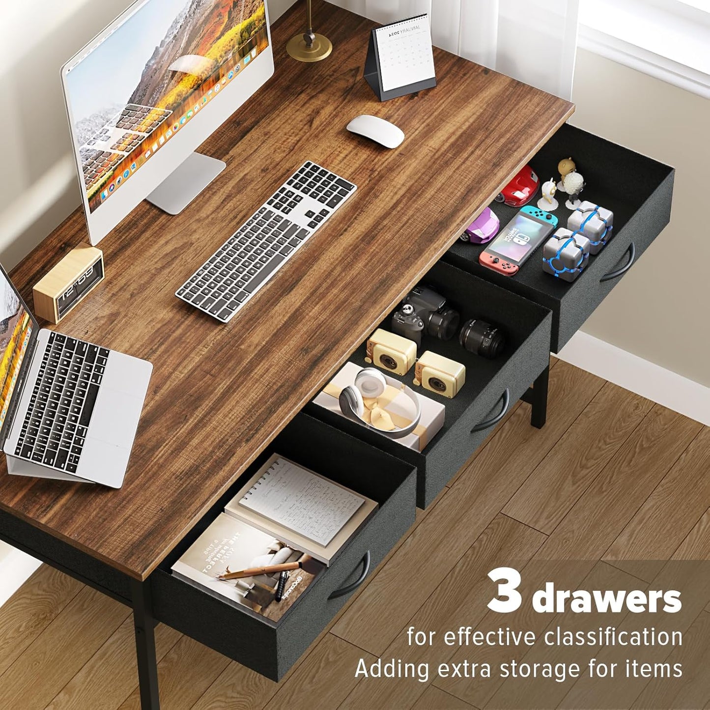 WOHOMO Computer Desk with 3 Drawers, 47.2 Inch Bedroom Desk with Storage, Home Office Desk for Room Spaces, Modern Work Writing Study Tables, Rustic