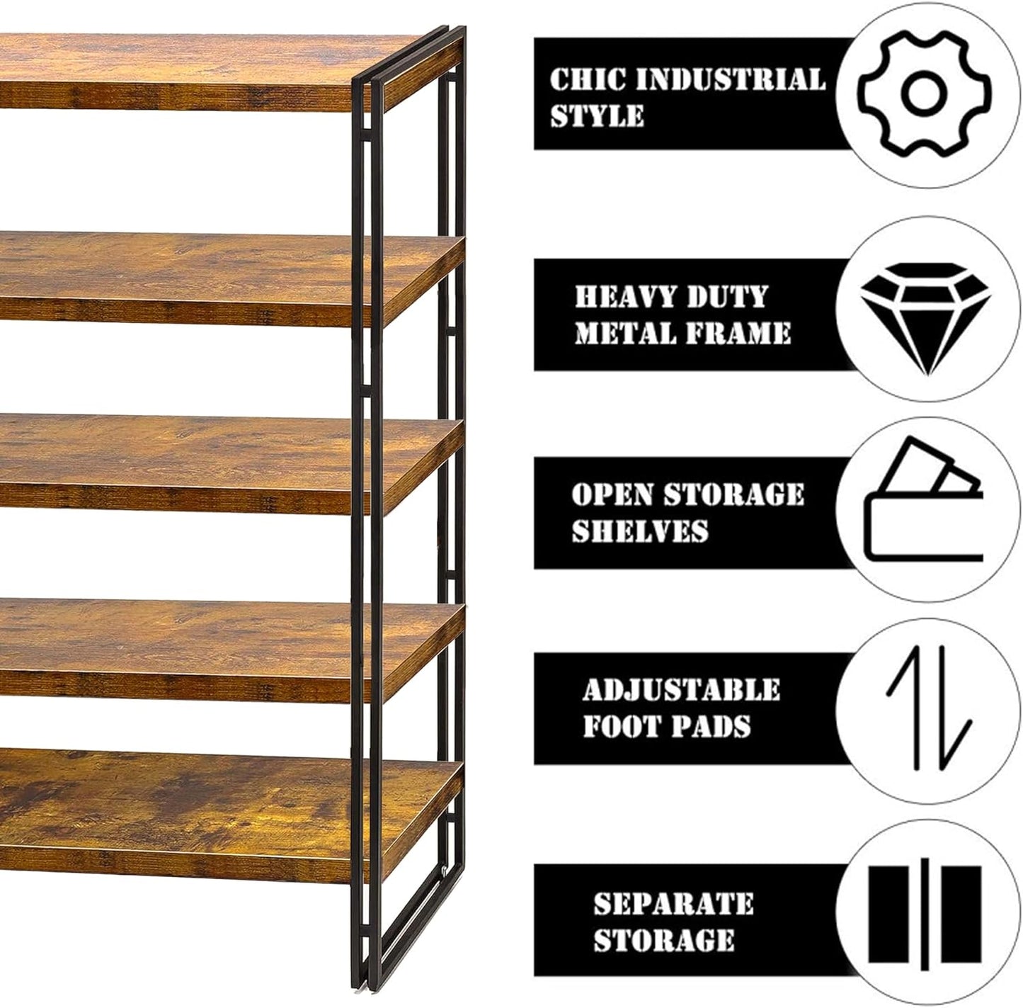 47" 5-Tier Bookshelf Rustic Wood and Metal Industrial Bookshelf for Home Office, Bedroom, Kitchen, Bathroom (Rustic Brown, 5-Tier)