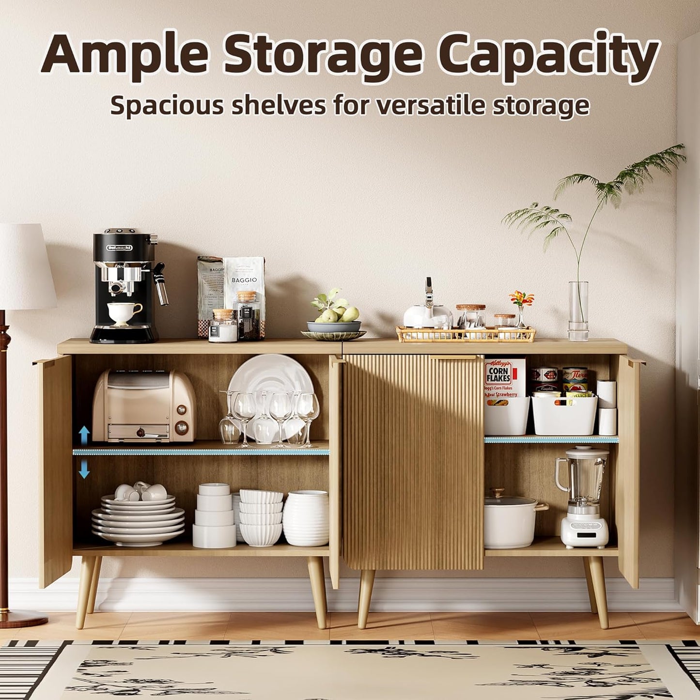 Sideboard Buffet Cabinet with Storage, 2 Doors Wood Entryway Cabinet, Modern Accent Cabinet with Solid Wood Feet & Adjustable Shelves, Multifunctional Console Table for Living Room, Kitchen, Hallway