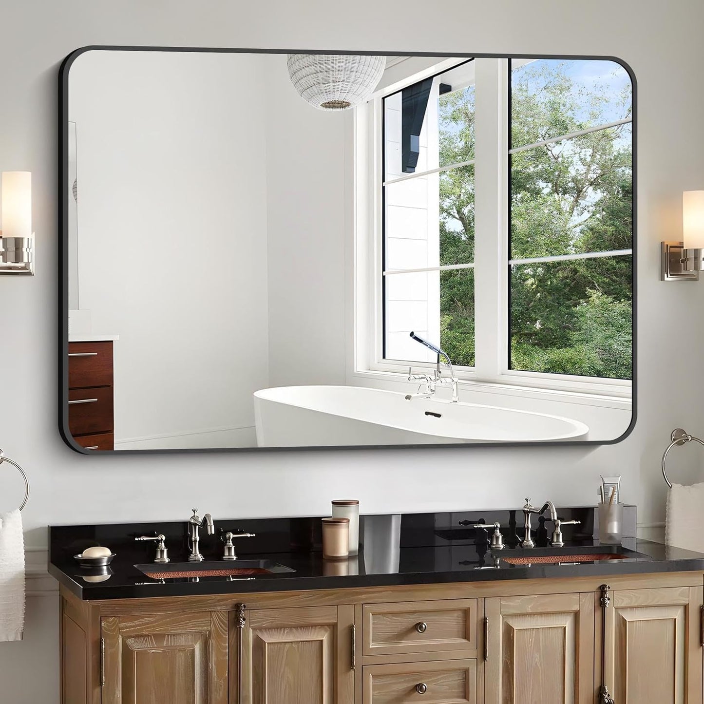 Bathroom Mirror, 48x36 inch Black Rectangle Wall Mirror, Metal Frame Rounded Corner Vanity Mirror, Large Wall Mounted Mirror for Over Sink Bedroom Living Room Horizontal Or Vertical Mounting