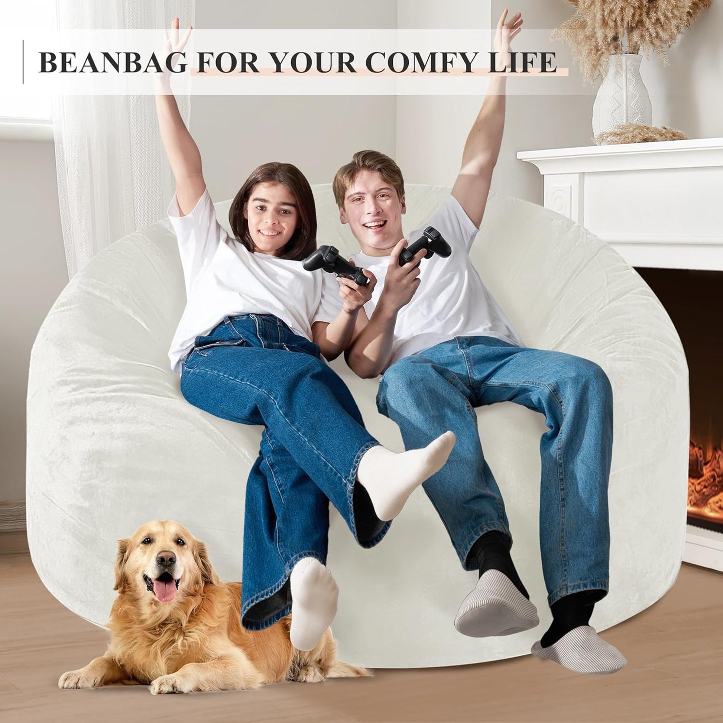 Homguava 5 FT Bean Bag Chair: 5' Bean Bags with Memory Foam Filled, Large Beanbag Chairs Soft Sofa with Dutch Velvet Cover-Beige