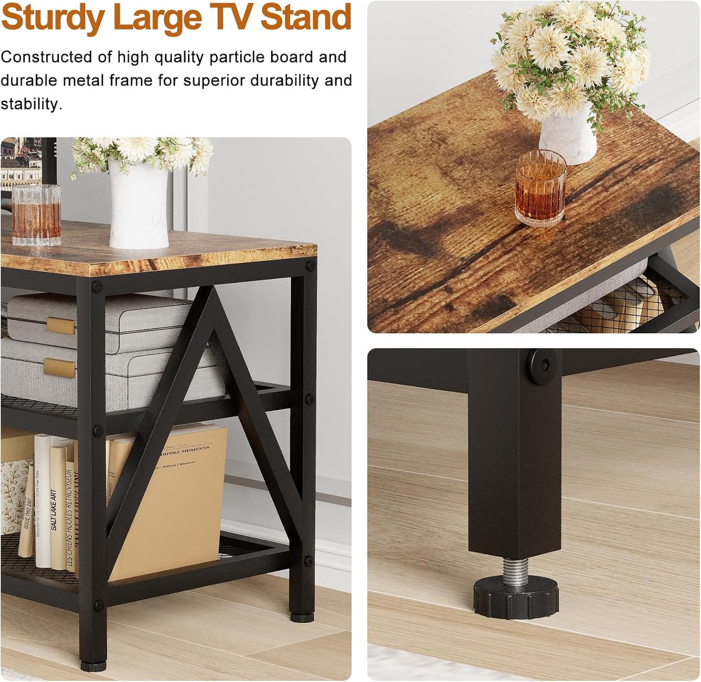 TV Stand for TVs up to 75 Inch, 70" Long Industrial TV Console Table with 3-Tier Storage Shelves, Entertainment Center for Living Room, Bedroom (Rustic Brown)