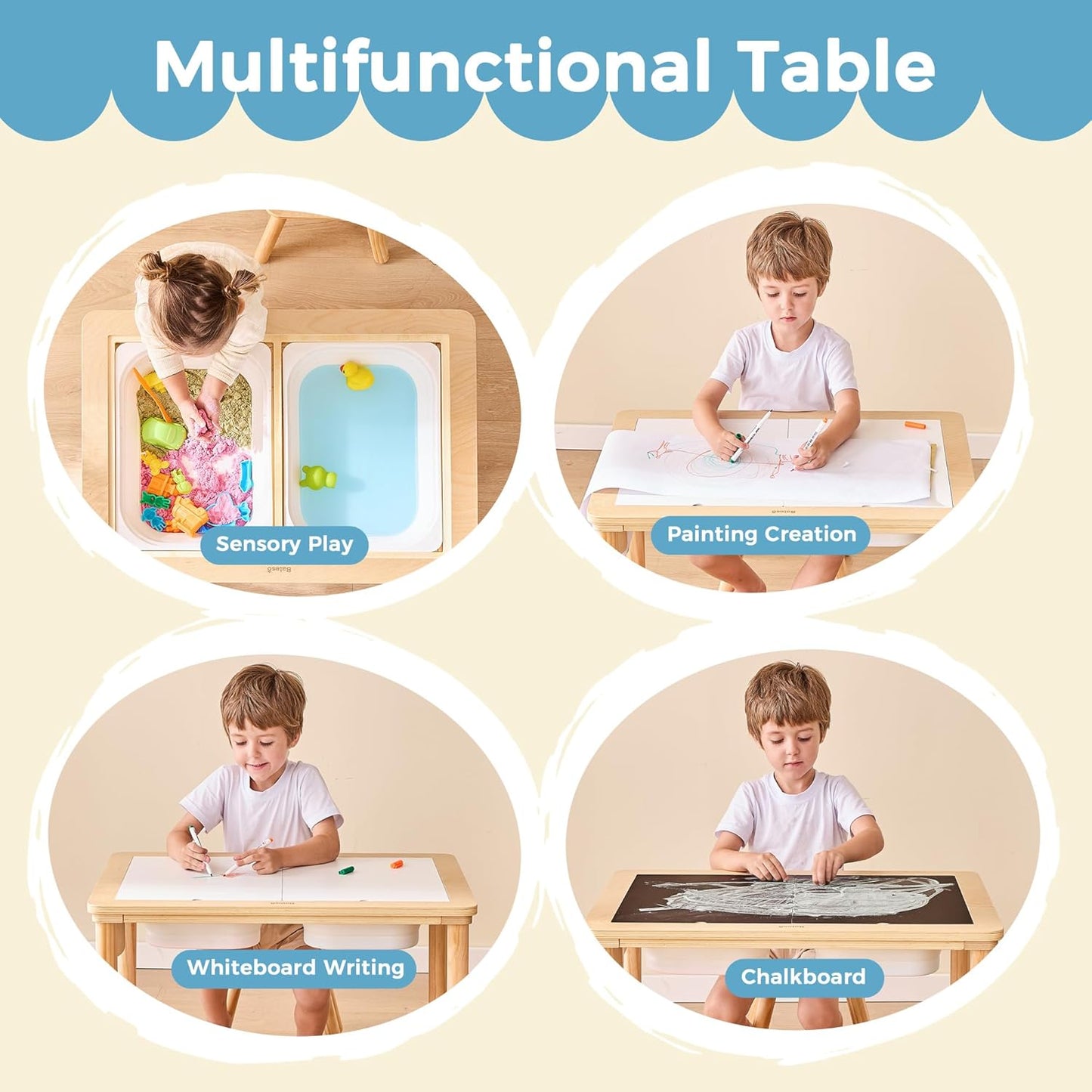 Sensory Table for Toddlers 1-3 with 2 Chairs & Roll Paper, Wooden Kid Activity Table Chair Set with Double-Sided Boards and 2 Storage Bins for Sand and Water Play