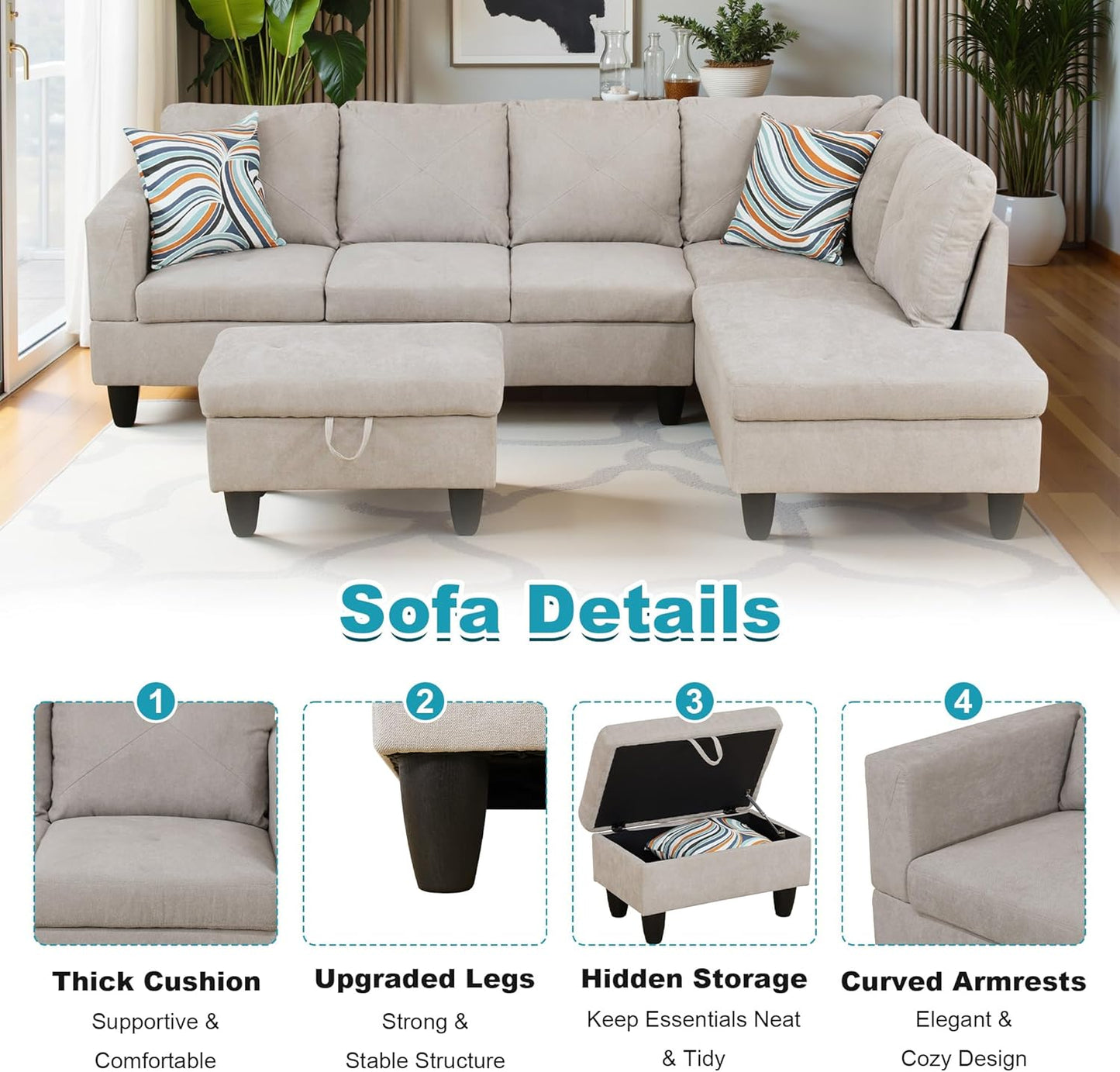 97" Oversized Sectional Couch, L Shaped Couch with Storage Ottoman, Modern Modular Sofa with Deep Seat, Sectional Couches for Living Room and Office, Off-White (Flannelette)