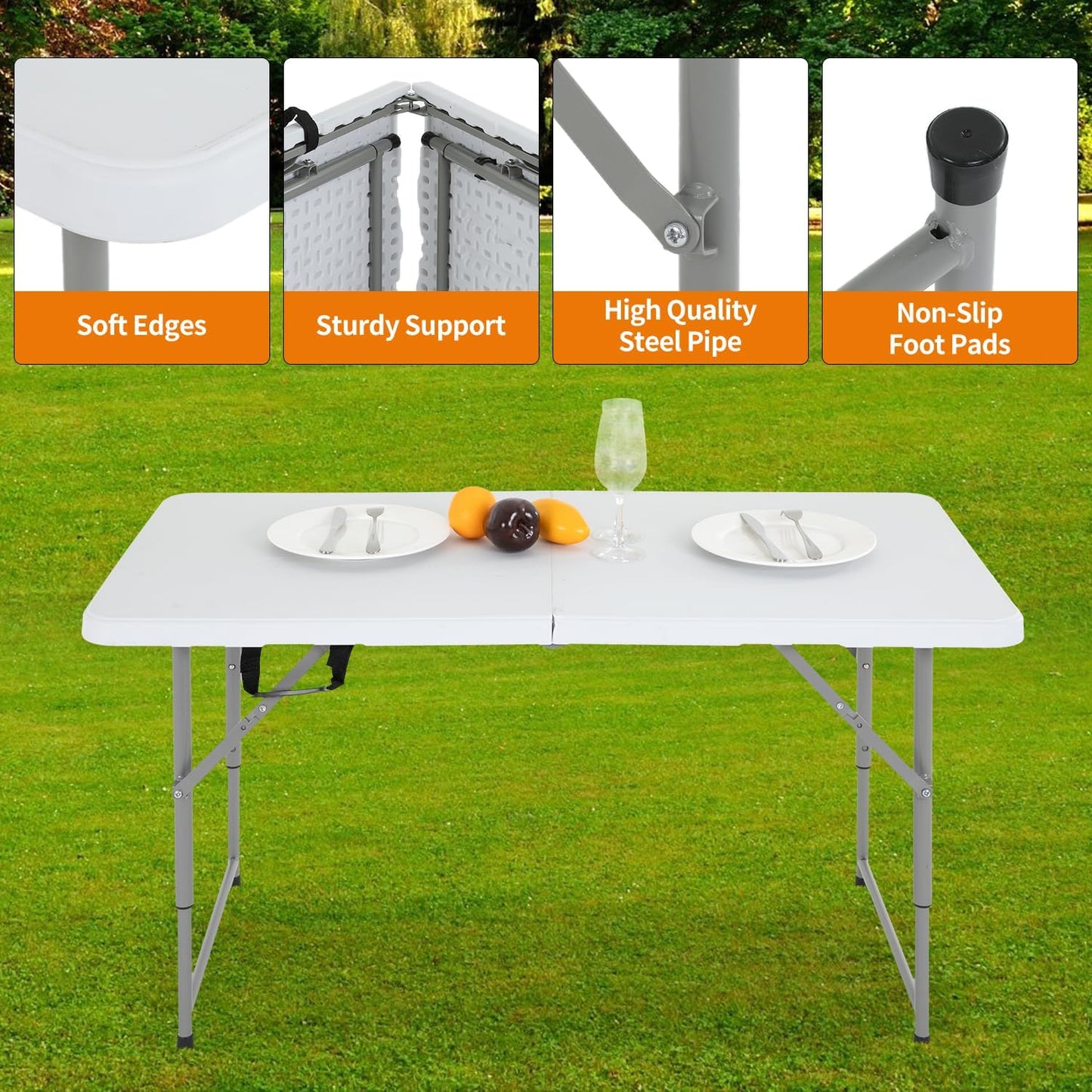 BestOffice Camping Folding 4 Foot Plastic Table, White
