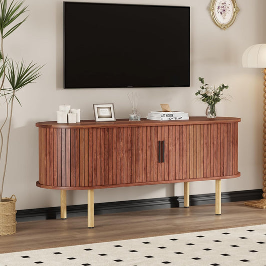 47.2" TV Stand, Modern TV Console Table with Storage Compartment and Sliding Door, Gaming Entertainment Center with Cabinet for Living Room, Bedroom, Office, Walnut