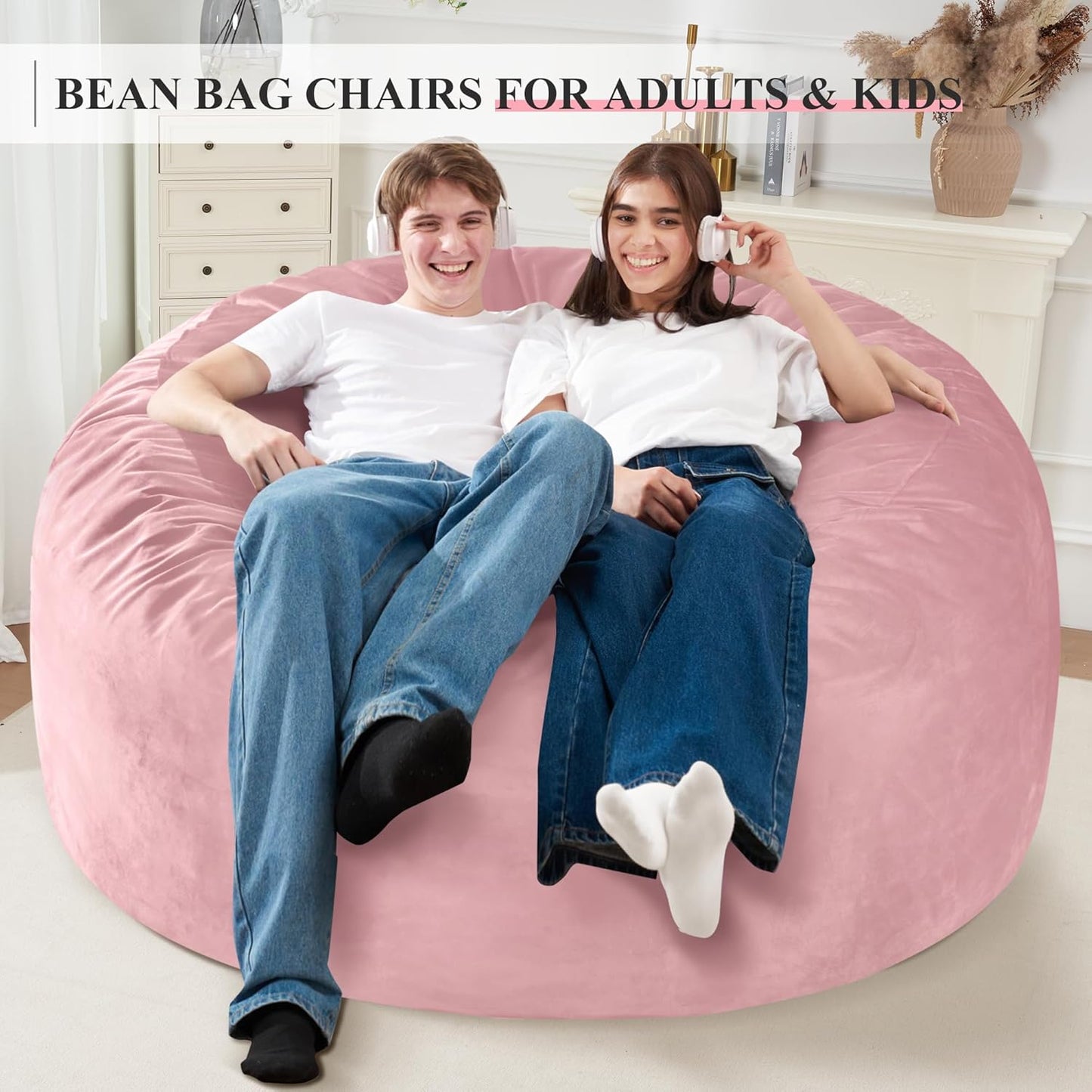 Homguava 5 FT Bean Bag Chair: 5' Bean Bags with Memory Foam Filled, Large Beanbag Chairs Soft Sofa with Dutch Velvet Cover-Light Pink
