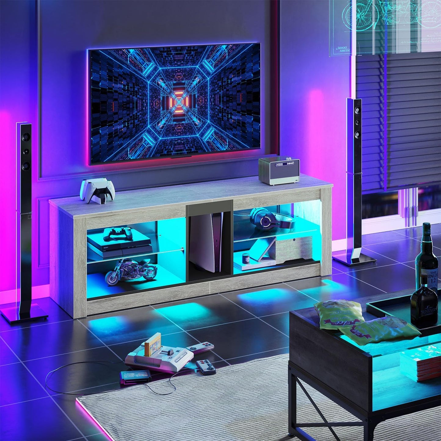 Bestier Entertainment Center LED Gaming TV Stand for 55+ Inch TV Adjustable Glass Shelves 22 Dynamic RGB Modes TV Cabinet Game Console PS4, Wash Gray