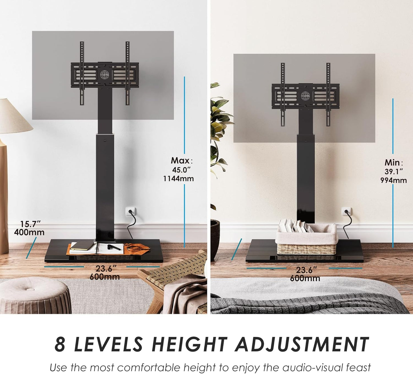 FITUEYES Floor Swivel TV Stand with Power Outlet for 32-65 Inch TVs, Floor TV Stand with Mount Height Adjustable with Iron Base, Hold Up to 88lbs, Space Saving for Bedroom, Living Room