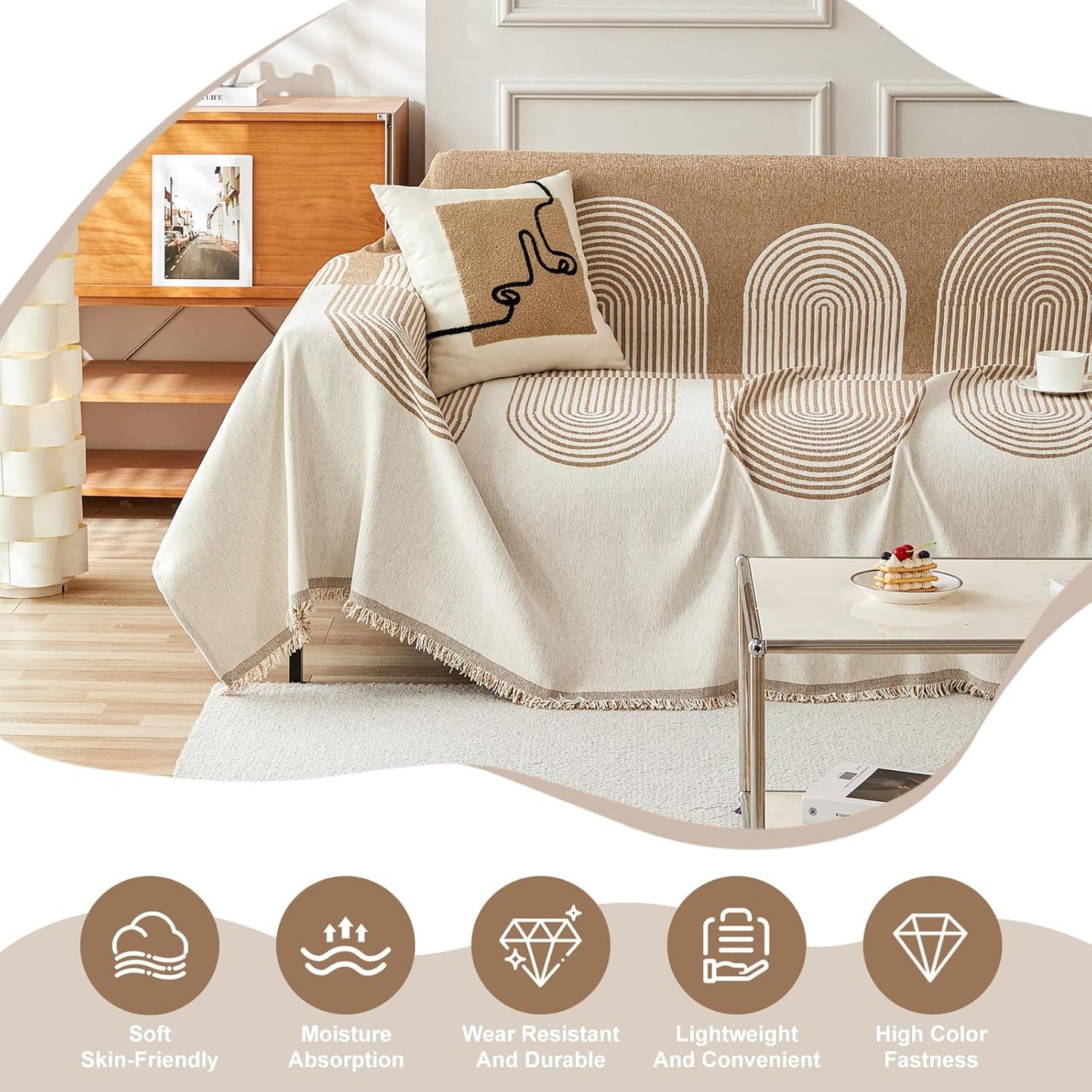 STACYPIK Modern Beige Geometric Couch Cover for Dog Boho Reversible Sofa Covers for 3 Cushion Couch Washable Furniture Protector Chenille Sofa Slipcover Loveseat Cover Multi-Use Throw Blanket-71X134IN