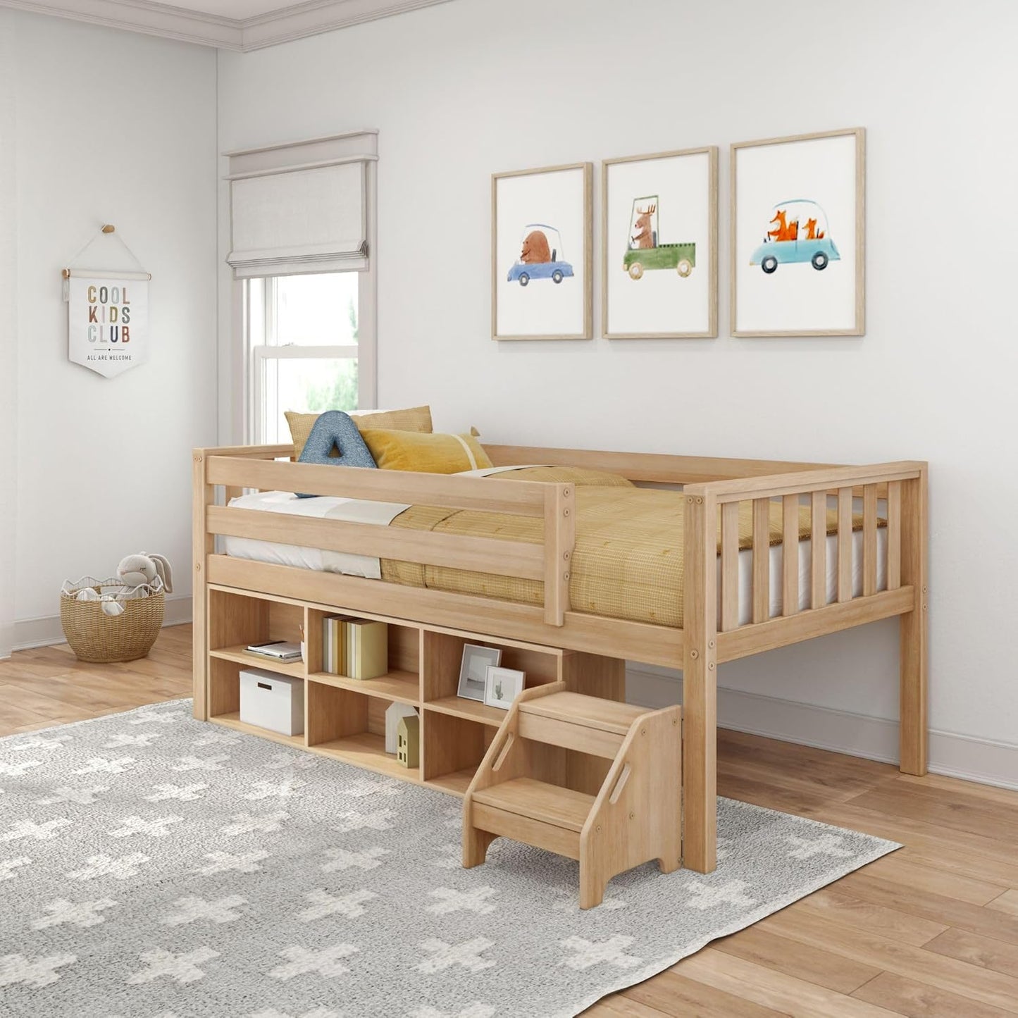 Max & Lily Soren Ultra Low Loft Bed, Twin Bed Frame for Kids with Bookcase, Blonde