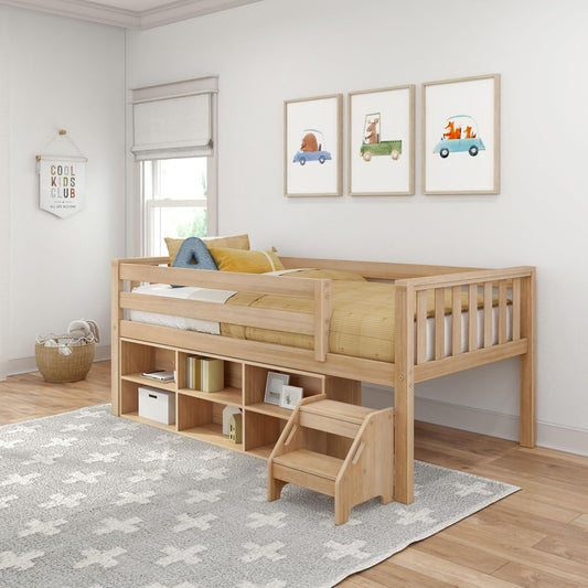 Max & Lily Soren Ultra Low Loft Bed, Twin Bed Frame for Kids with Bookcase, Blonde