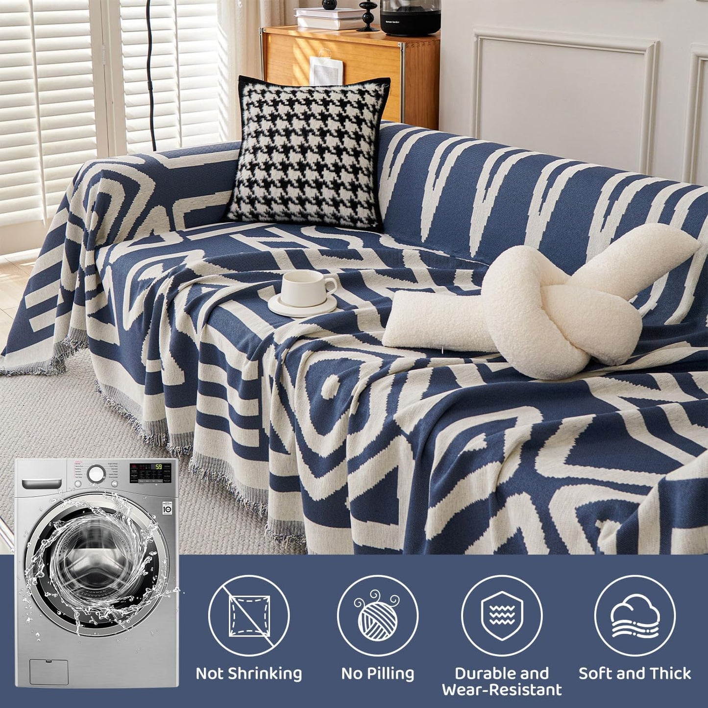 STACYPIK Boho Chenille Couch Cover, Blue Jacquard Sofa Cover for 3 Cushion Couch, Reversible Furniture Protector, Anti Slip Geometric Couch Covers for Sectional, Loveseat Cover Pet-Friendly-71X134IN