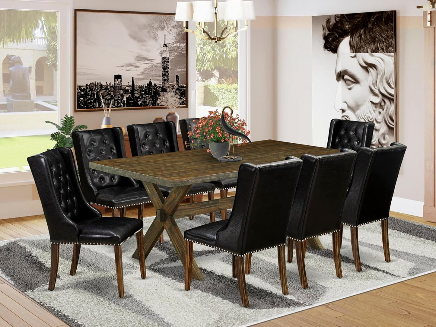 East West Furniture X777FO749-9 9 Piece Dining Table Set Includes a Rectangle Dining Room Table with X-Legs and 8 Black Faux Leather Parsons Chairs, 40x72 Inch, Multi-Color