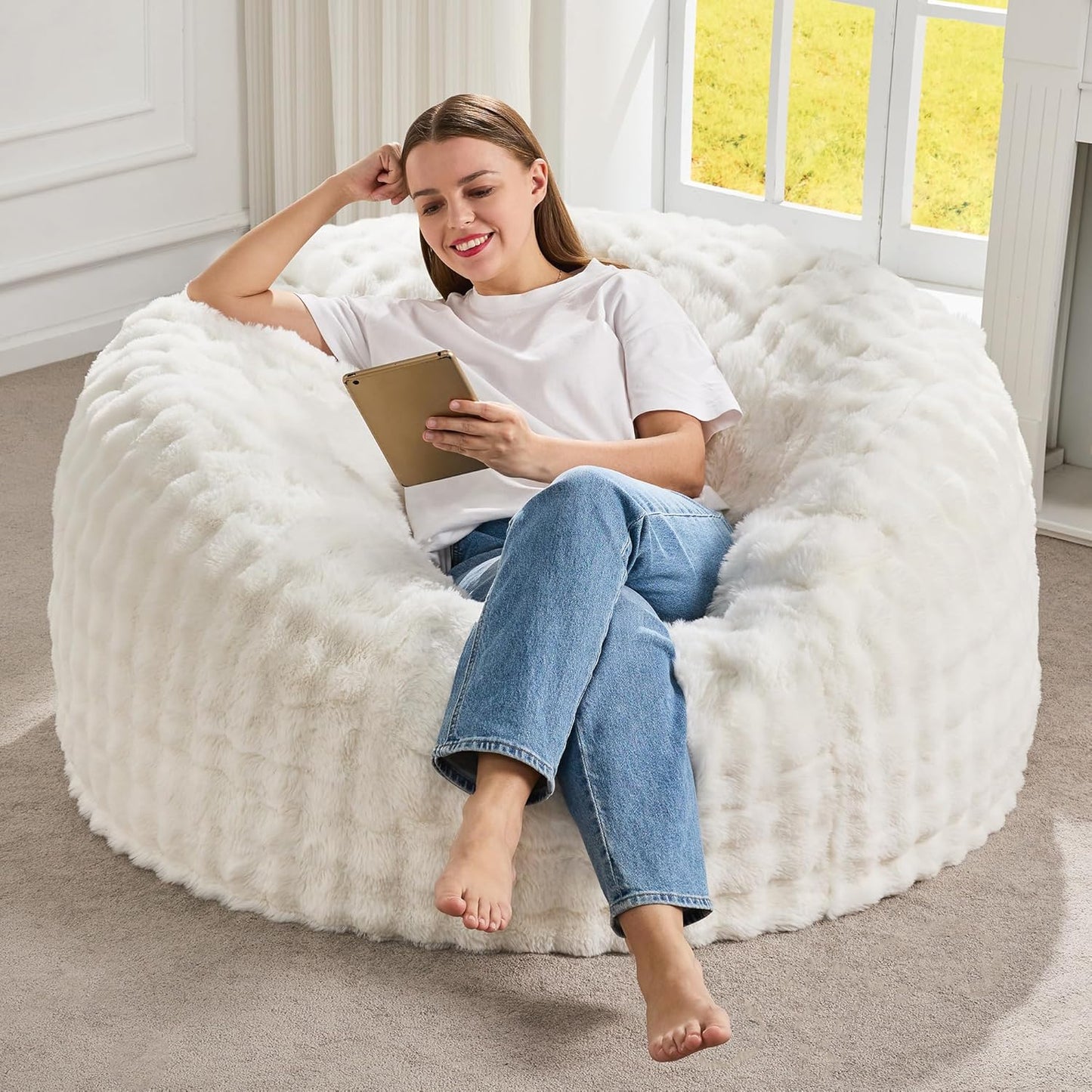 Hobestluk Bean Bag Chairs Beanbag Chair with Filler Adult Bean Bags with Fluffy & Machine Washable Cover, Giant Bean Bag Chairs for Adults (White, 3FT-36" x 36" x 22")