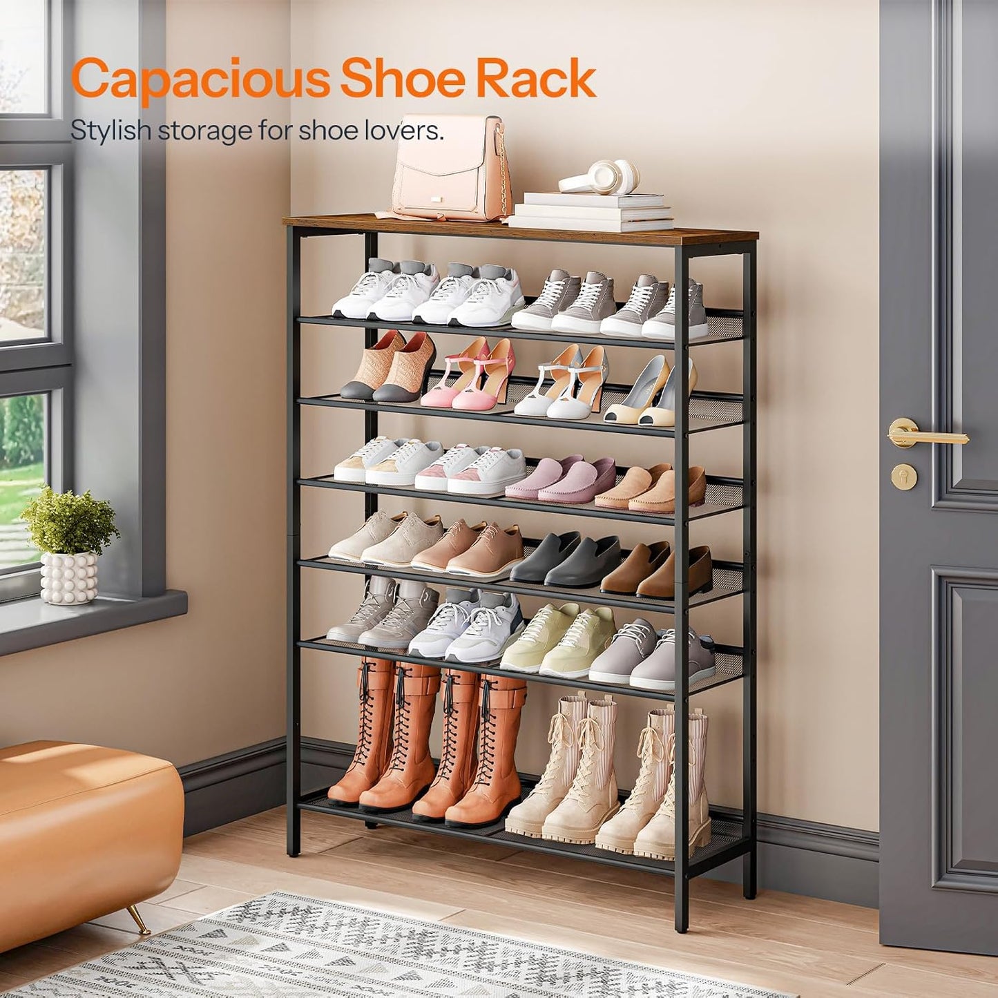 HOOBRO 8 Tier Shoe Rack, 39.4"L Shoe Shelf, Large Capacity Shoe Storage Organizer for 30+ Pairs of Shoes, Front Door Entrance, Entryway, Hallway, Closet, Space Saver, Rustic Brown and Black BF118XJ01