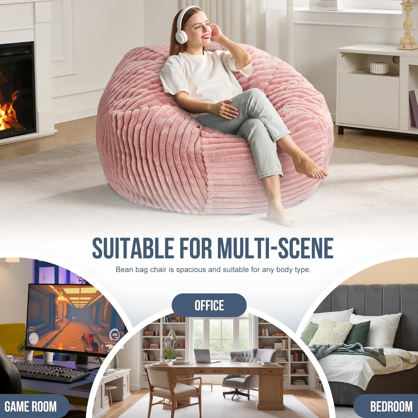 4ft Bean Bag Chairs for Adults Large Beanbag Chair with Stripe Plush Cover Big Bean Bag Chair for Living Room Bedroom Dorm Office