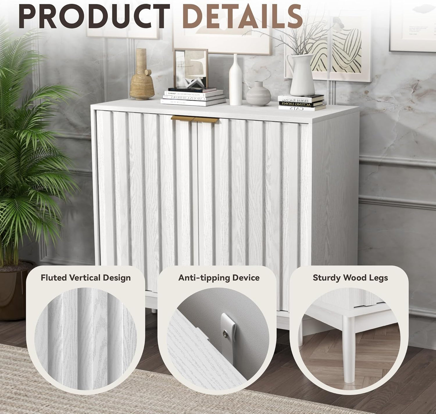 Fluted Cabinet with Storage, Buffet Cabinet Sideborad with Door, Kitchen Buffet Storage Accent Cabinets with Adjustable Shelves for Living Room, Entry, Hallway, White