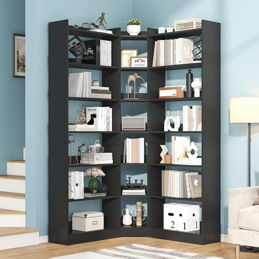 70.8" Tall Corner Bookshelf and Bookcases, 7 Tiers Morden Large Etagere Bookcases Storage Display Rack with Baffle, Industrial L-Shaped Bookshelves for Bedroom, Home Office, Living Room, Black