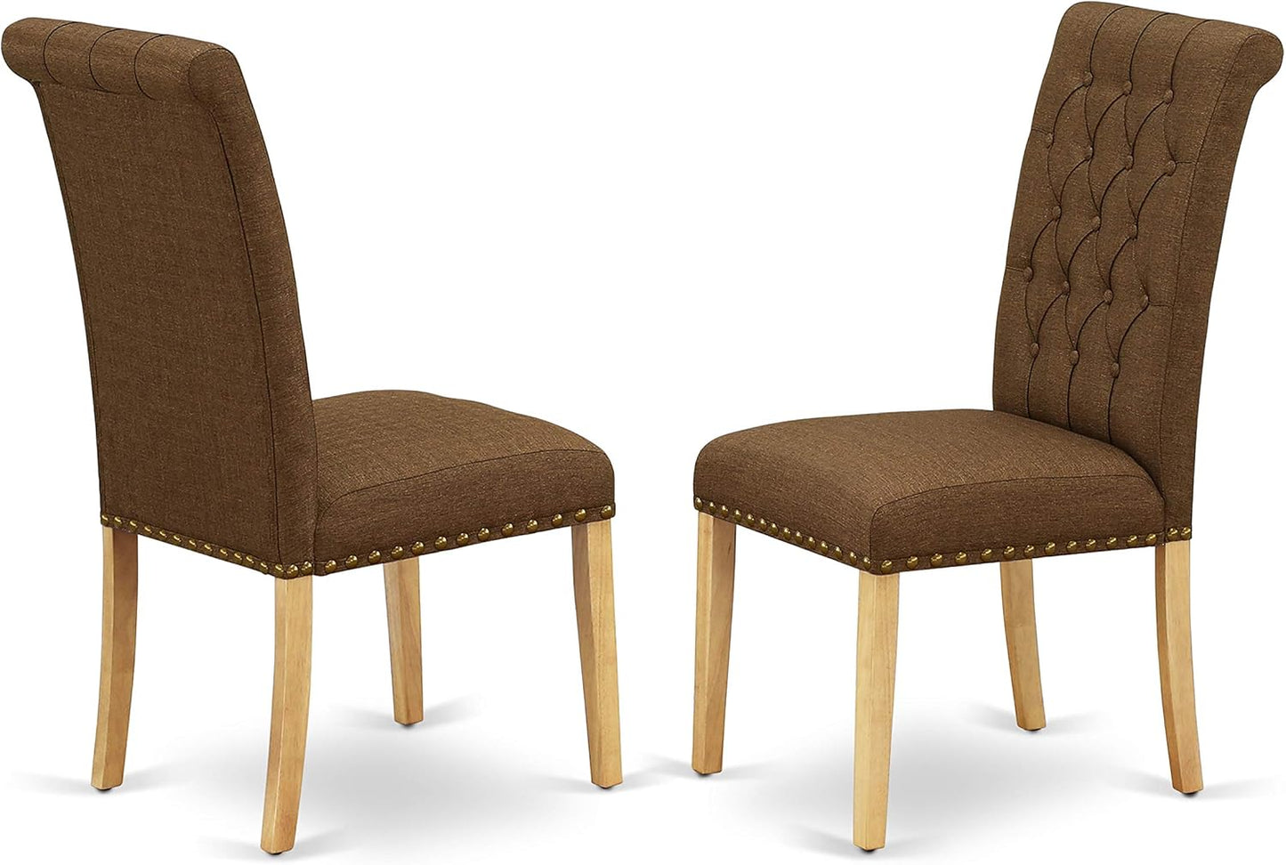 East West Furniture ESBR3-OAK-18 3 Piece Kitchen Table & Chairs Set Contains a Round Dining Room Table with Pedestal and 2 Brown Linen Linen Fabric Parsons Chairs, 30x30 Inch, Oak