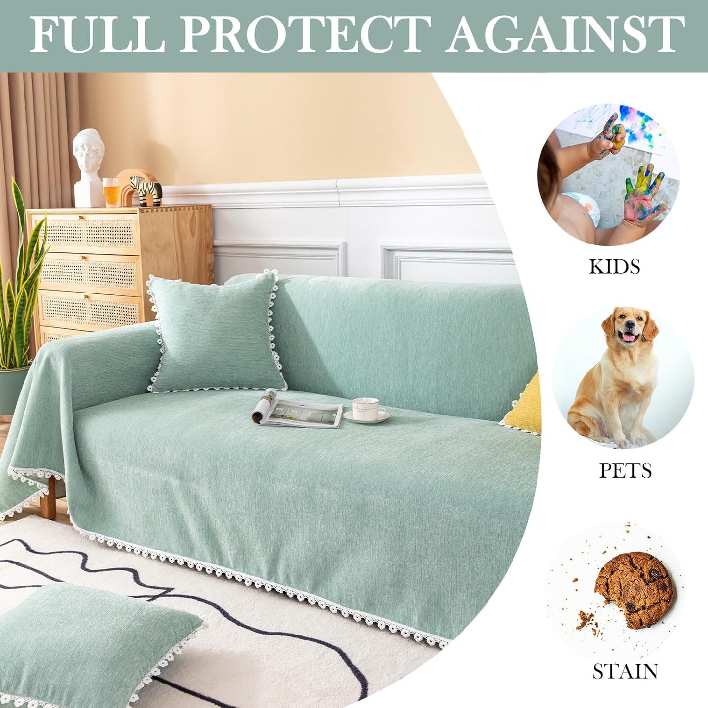 HANDONTIME Cute Sofa Covers Light Green Couch Covers for 3 Cushion Couch Sofa with White Daisy Lace Green Sofa Slipcovers Chenille Couch Cover for Dogs Sectional Sofa L Shape Futon Cover, 71" X118"