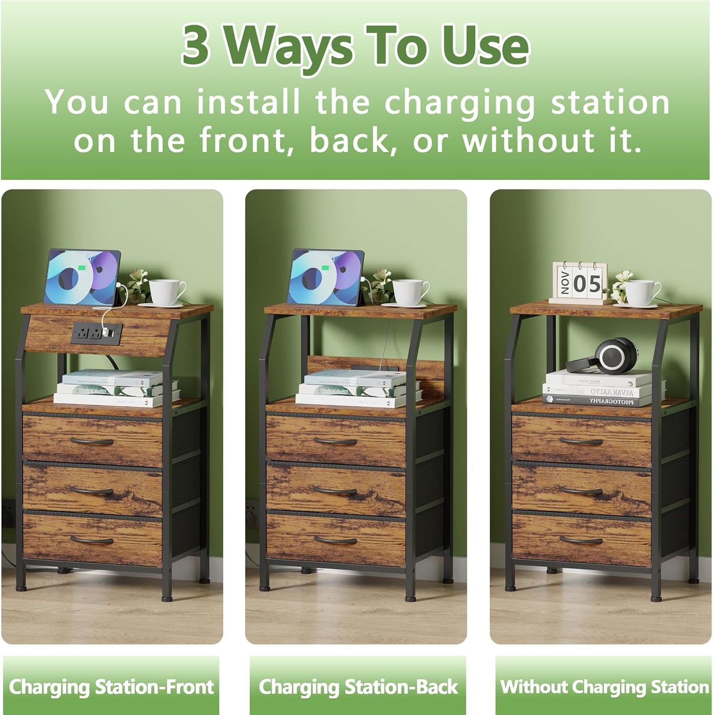 Furnulem Night Stand with Charging Station, USB Ports and Outlets, 28.3 Inch Tall Bedside Table with Wood Shelf, 3 Fabric Drawers Side Table for Bedroom, 3 Ways to Use, Rustic Brown