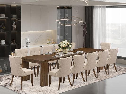 X12SI-008-04 - 13 Pieces Kitchen Dining Table Set includes an Extendable Rectangle Kitchen Table and 12 Dining Chairs, 39x120 Inch, Antique Walnut