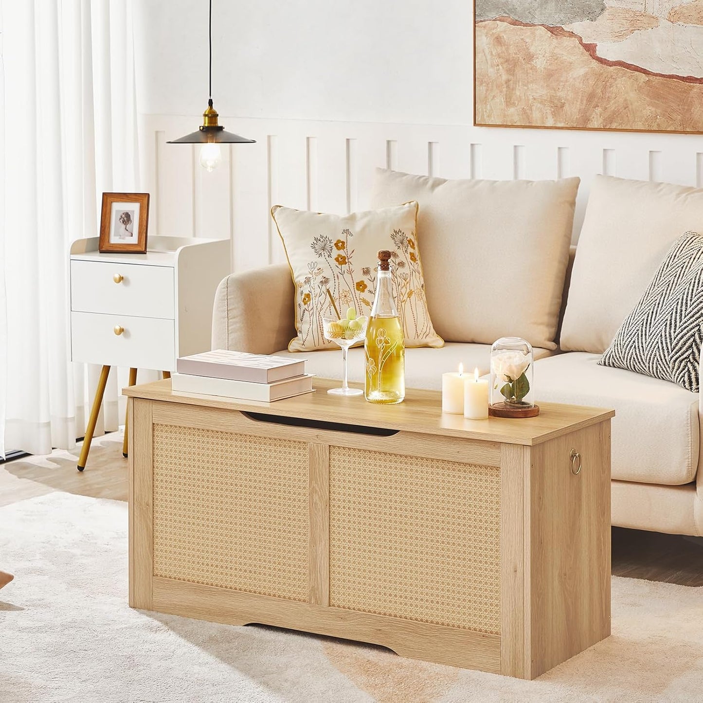 HOOBRO Storage Bench, 39.3" Toy Box, Rattan-Like Storage Chest, Sturdy Entryway Bench Supports 220 lb, Toy Chest, Safety Hinge, U-Shaped Opening, Easy Assembly, Natural NL11CW01