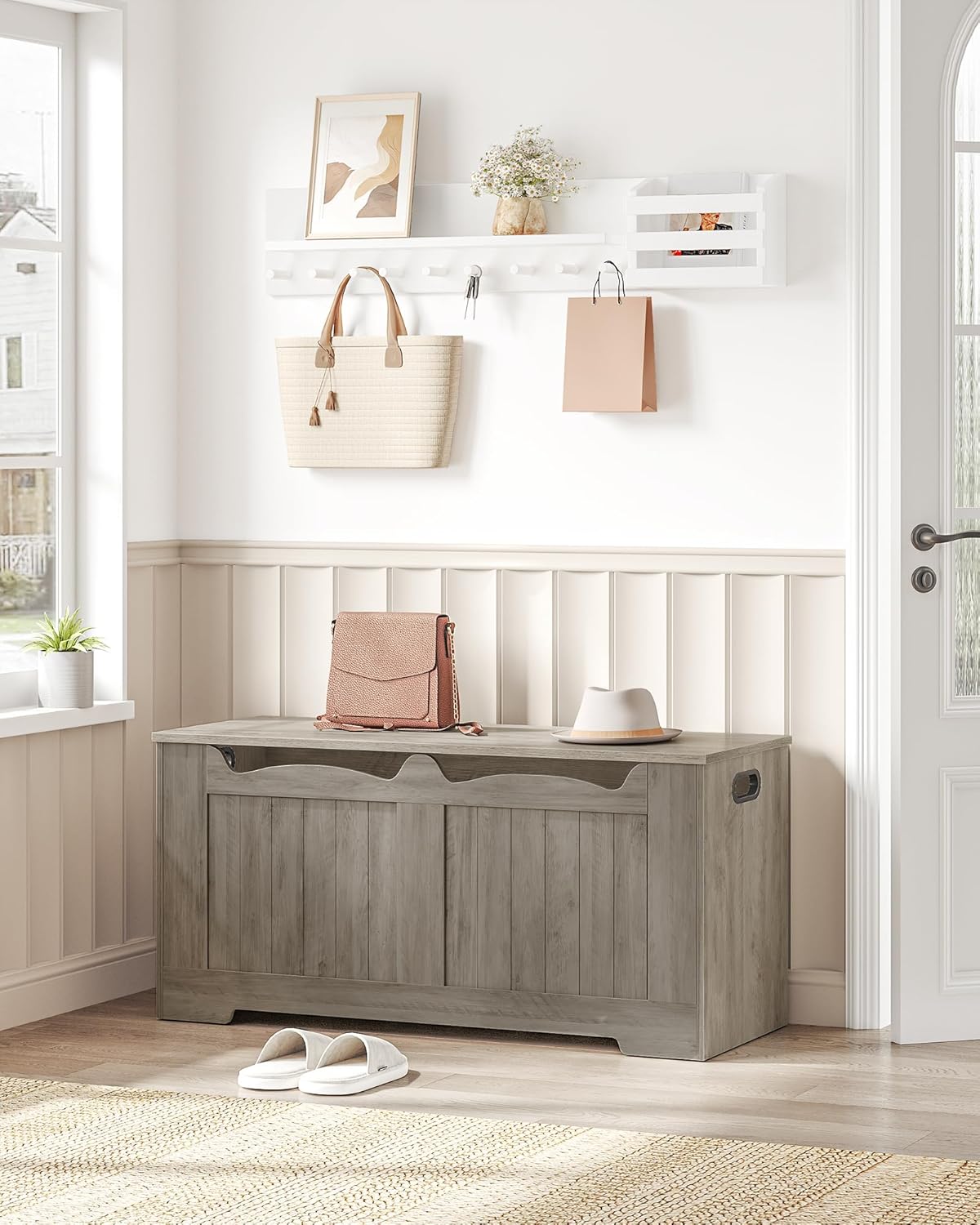 39.4" Storage Chest, Storage Bench Trunk with 2 Safety Hinge,Wooden Box, Lift-Top Chest Organizer, Shoe Bench for Entryway, Bedroom, Living Room, Greige SB01005X